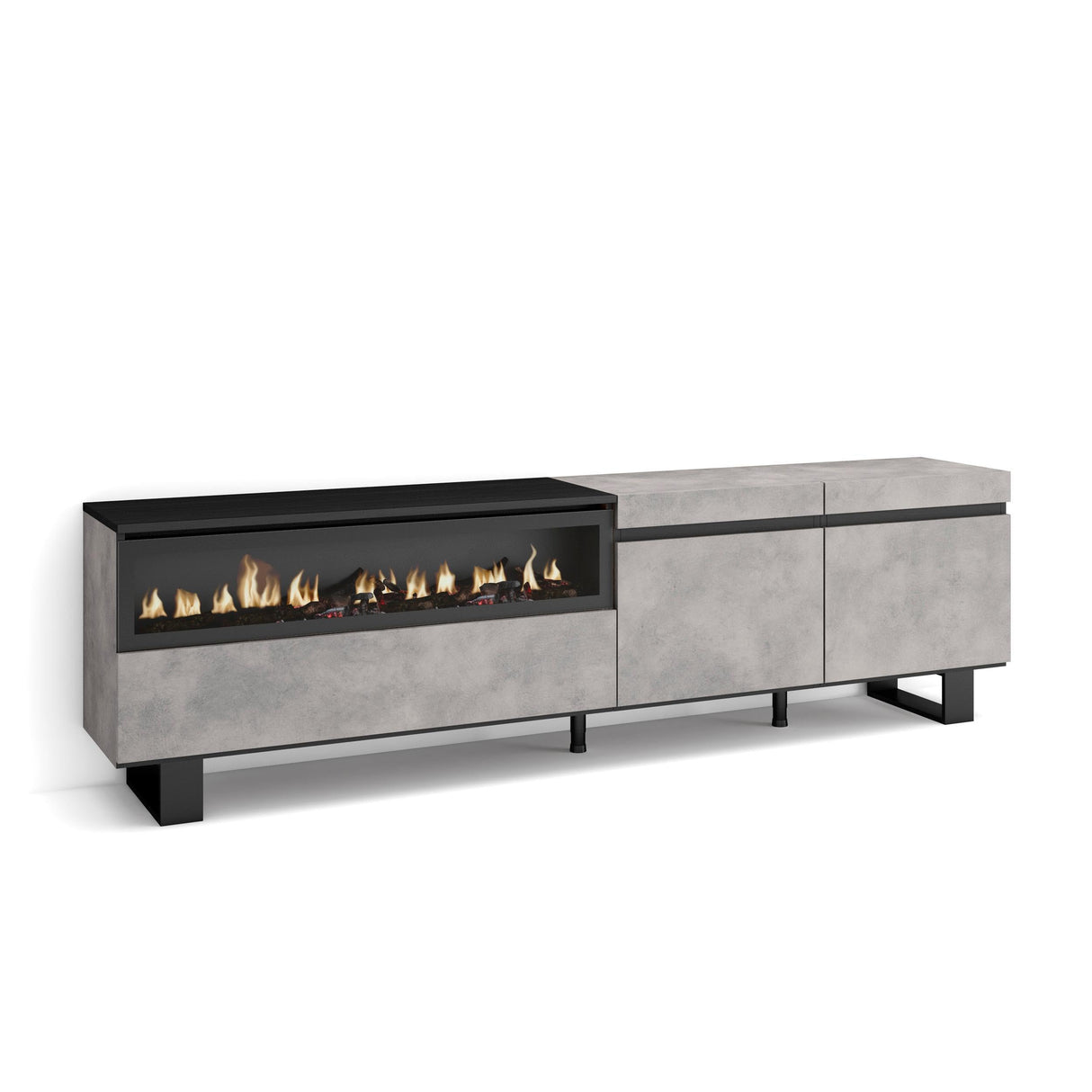 Skraut Home | Mueble TV | Televisión | Muebles de salón, almacenaje | 200x57x35cm | para TV hasta 80" | Chimenea eléctrica | Diseño Industrial | Estilo Moderno | Cemento
