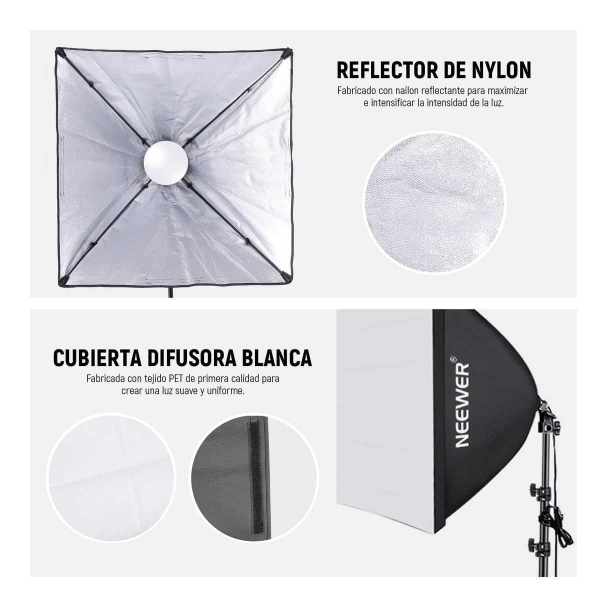 NEEWER Kit de Iluminación Continua de Caja de Luz Equivalente a 700W,2 Bombillas de LED de 5700K,60x60cm Softbox con Enchufe E27 para Equipo de Estudio Fotográfico