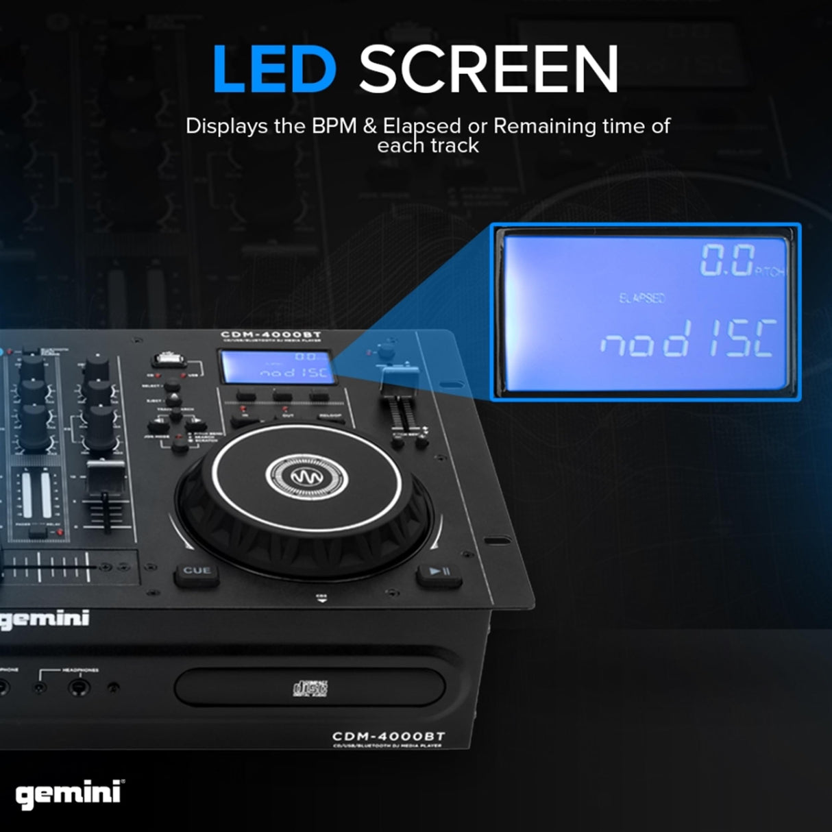 Gemini Sound CDM-4000BT Soporte solo Bluetooth Streaming Professional DJ DULA DULA MEDIA Player Mezclador CD / CDR USB Reproducción 2 Band Ecualizer Manual Bucle Sensible Sensitive Jog Wheels