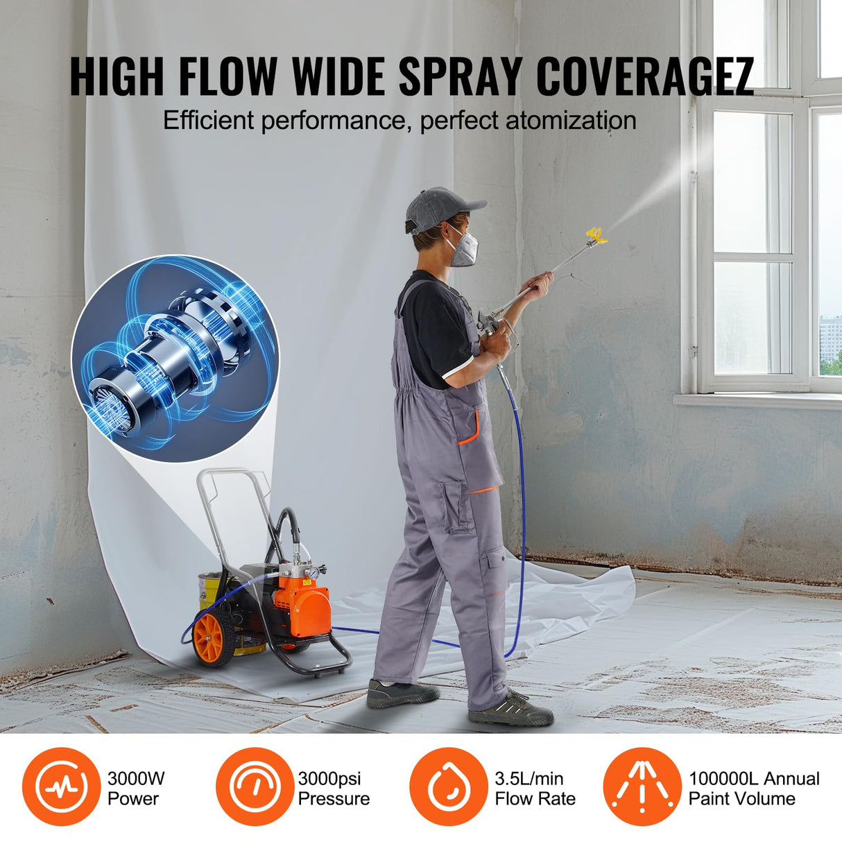 VEVOR Pulverizador de Pintura sin Aire de Eficiencia de 1700 W, 3,5 L/min, 3000 PSI con Diafragma, Carrito y Barra de Extensión, Pulverizador de Pintura para Pulverización Interior y Exterior