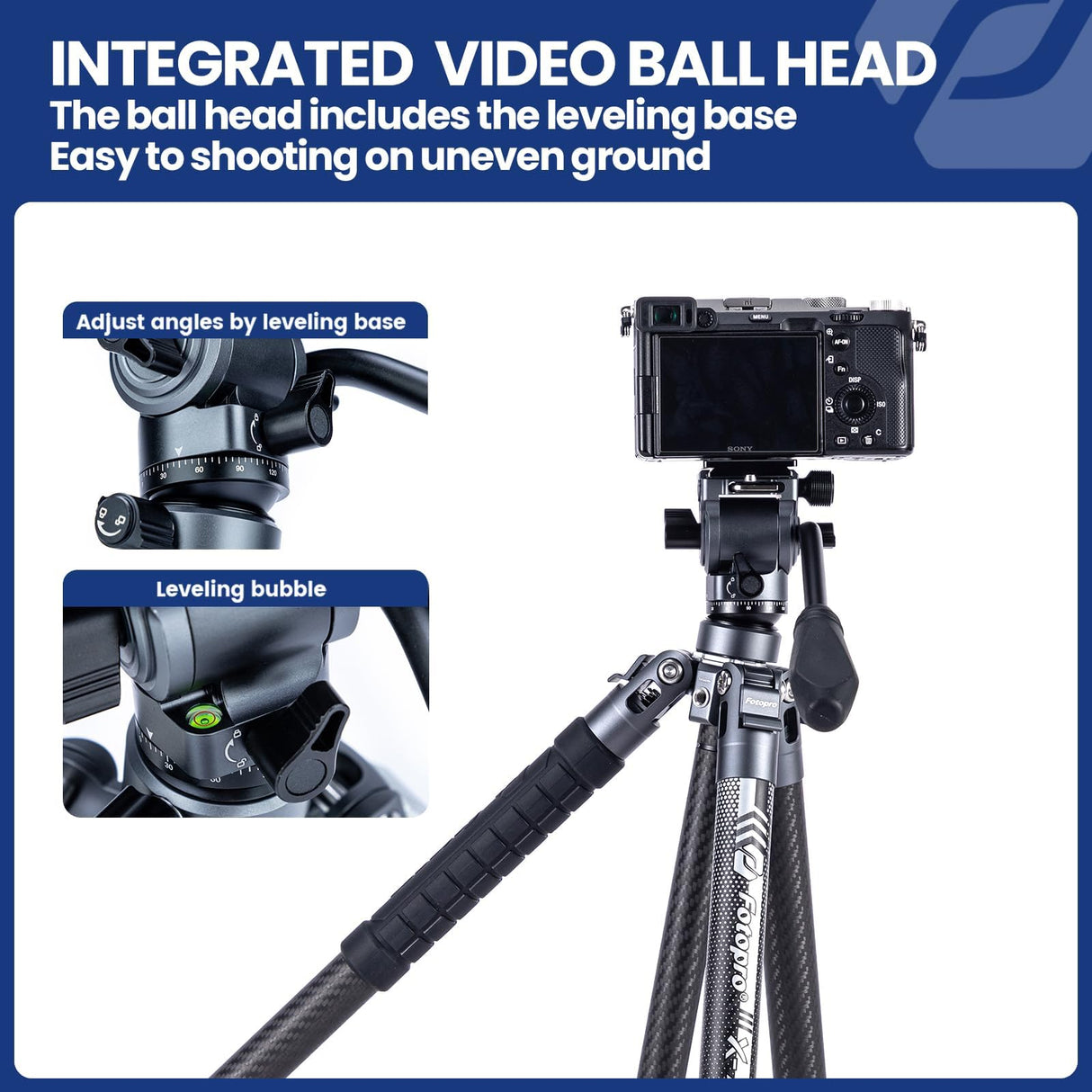 Fotopro X-Aircross 3 Lite Trípode de Video con Cabeza Líquida 1.0KG Ultraligero Portátil Profesional Video Viaje Fibra Carbono Trípode para Cámara, DSLR, Carga de hasta 10 kg, Gris