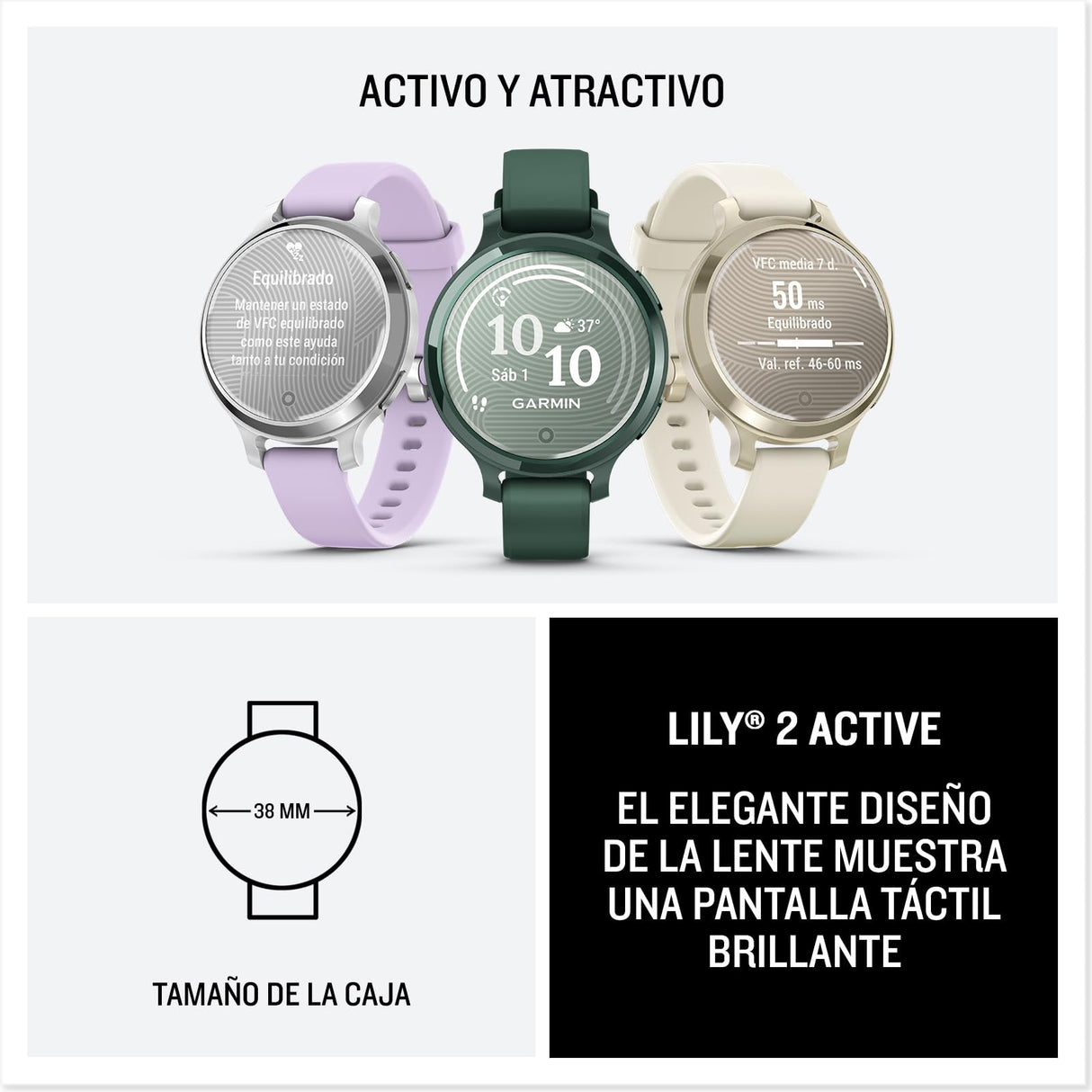 Garmin Lily 2 Active, Reloj Inteligente con GPS, Diseño Elegante, Datos de Salud y Forma Física, Pantalla Táctil, Notificaciones Inteligentes, Autonomía hasta 9 días, Dorado con Correa Blanca