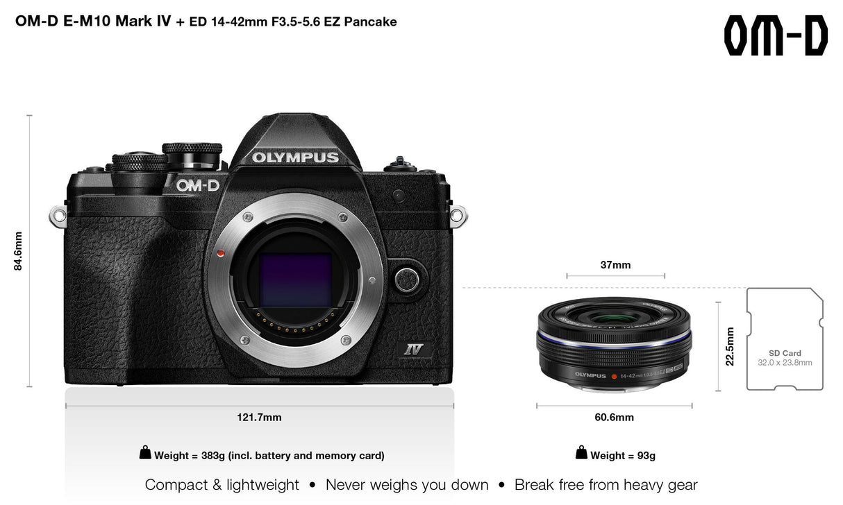 Kit de cámara del Sistema Micro Four Thirds Olympus OM-D E-M10 Mark IV, Sensor de 20 Mpx, Visor electrónico, vídeo 4K, Wi-Fi, Negro, Incluye el M.Zuiko Digital ED 14-42mm F3.5-5.6 EZ Pancake Negro