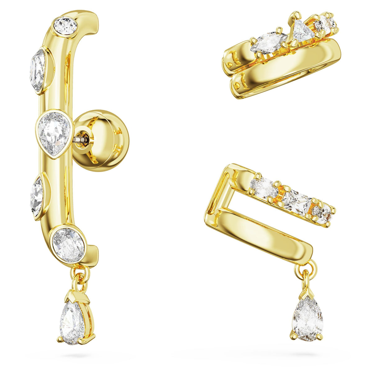 Swarovski Conjunto de 3 Pendientes Ear Cuff Dextera, Tallas Mixtas, Cristales Blancos, Baño Tono Oro