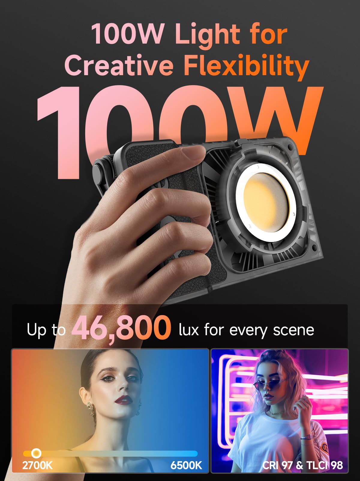 Luz Video, Rollei Lux 100W Foco Vídeo Profesional Portátil 345g, Iluminación Continua DC/Tipo C con Candela App para Filmación Entrevistas Transmisión, Luz-Video-Foco-LED-Fotografia