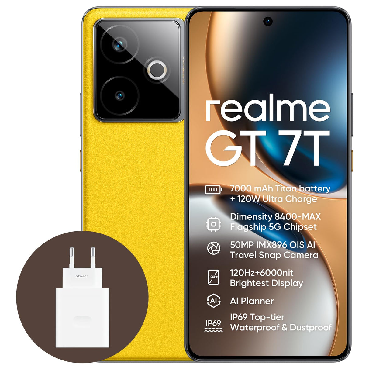 realme GT 7T 5G Smartphone,12+256GB, Batería de 7000 mAh,Carga de 120W,Procesador Dimensity 8400-MAX,IMX896 50MP Cámara,AI Planner,Pantalla Pro-Esports de 6000 nits,IP69,Amarillo