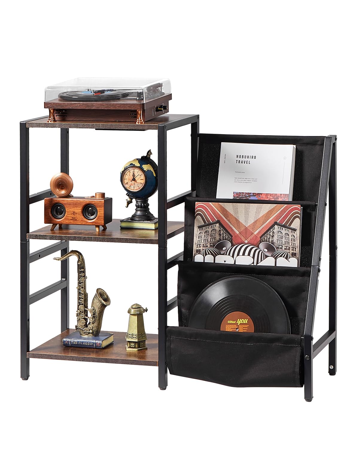 VEVOR Soporte para Tocadiscos 840 x 300 x 740 mm de 3 Niveles con Estación de Carga y Puertos USB, Admite Hasta 200 álbumes, Soporte para Tocadiscos con Almacenamiento de Discos de Vinilo, Negro