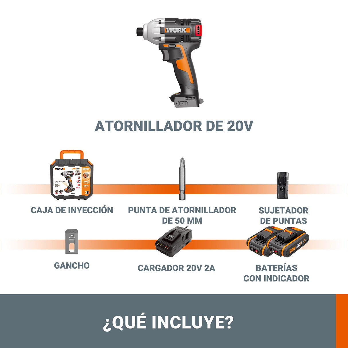 WORX WX261 Atornillador Impacto Brushless 20V 2Ah 2bat