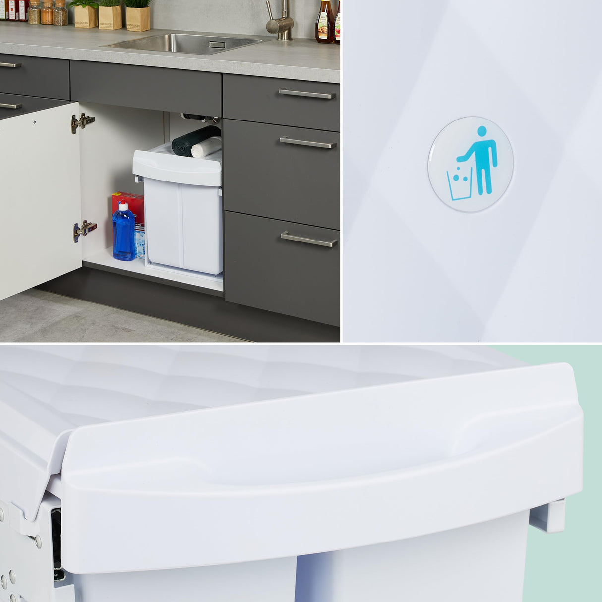 Relaxdays Cubo de Basura Cocina, 4 Compartimentos, 4X 8L, 34,6x34x51,8 cm, Extraíble, Papelera Fregadero, Blanco, Acero, Plástico, 4 x 8 L