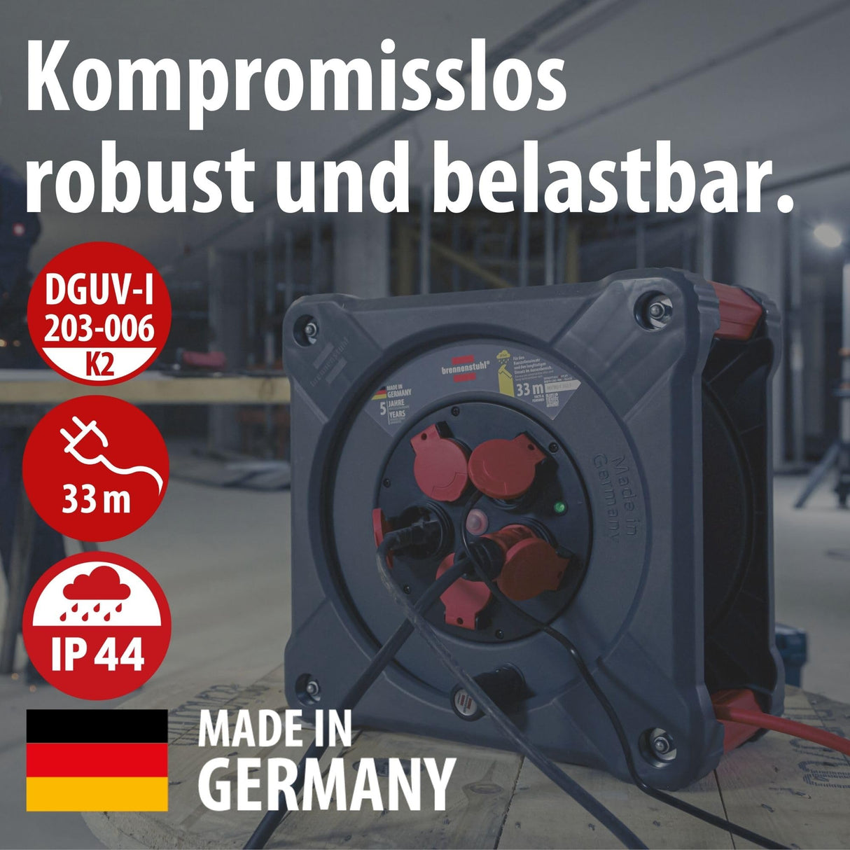 Brennenstuhl Carrete de Cable Profesional KA 3110 5 IP44 (Cable H07BQ-F 3G1,5 de 33 m en Rojo, Uso en Obra y Exterior Permanente, 5 enchufes de Seguridad, Made in Germany)