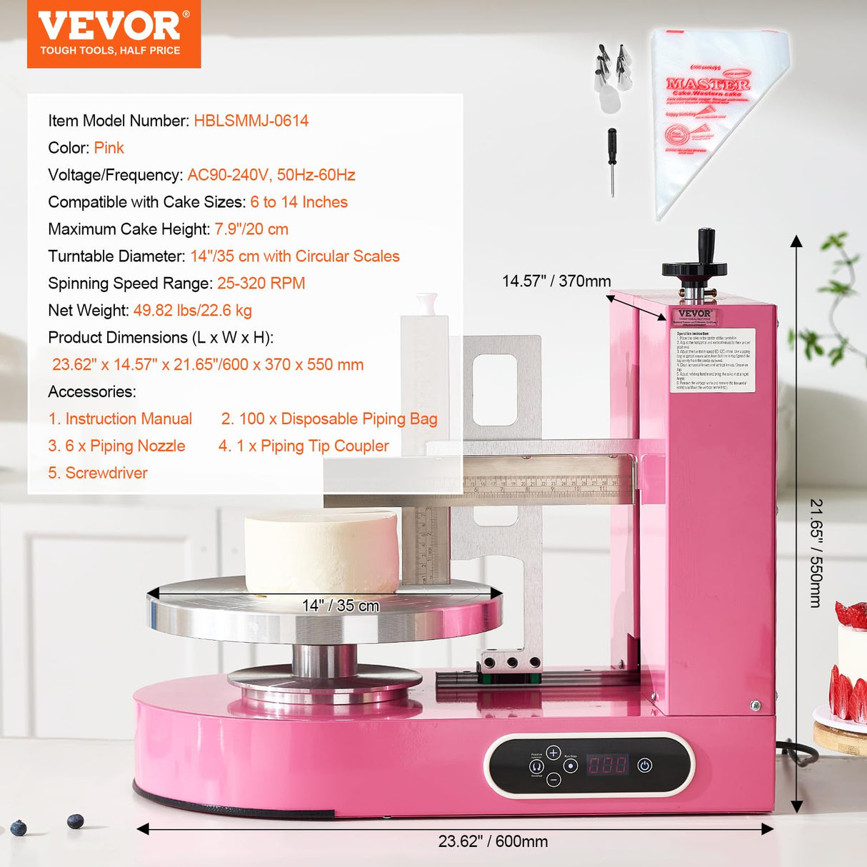 VEVOR Máquina para Decorar Pasteles, para Untar y Cubrir Crema, Bajo Ruido, Plato Giratorio con Raspador Ajustable, para Pasteles 15 y 35 cm, Velocidad de Rotación 25-320 RPM, Rosa, 600 x 370 x 550 mm