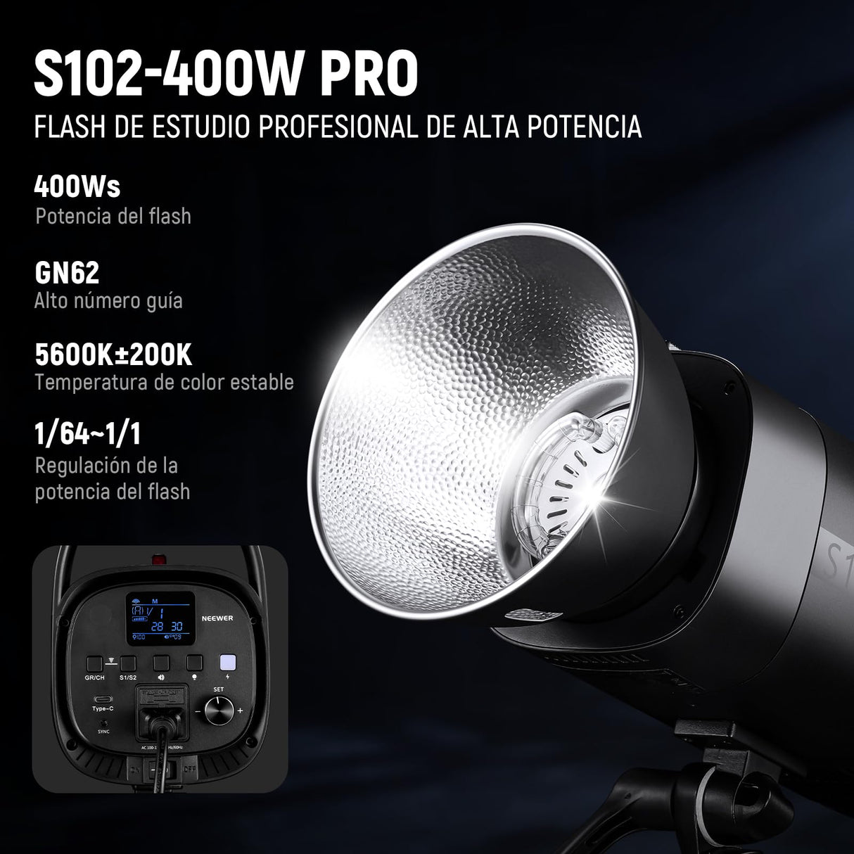 NEEWER S102-400W Pro Fash Luz Strobe con Disparador 2,4G, 400Ws GN62 5600K con 30W Lámpara de Modelar LED Reflector Montaje Bowens Modo S1/S2 Ventilador para Fotografía Productos,Compatible con QPRO