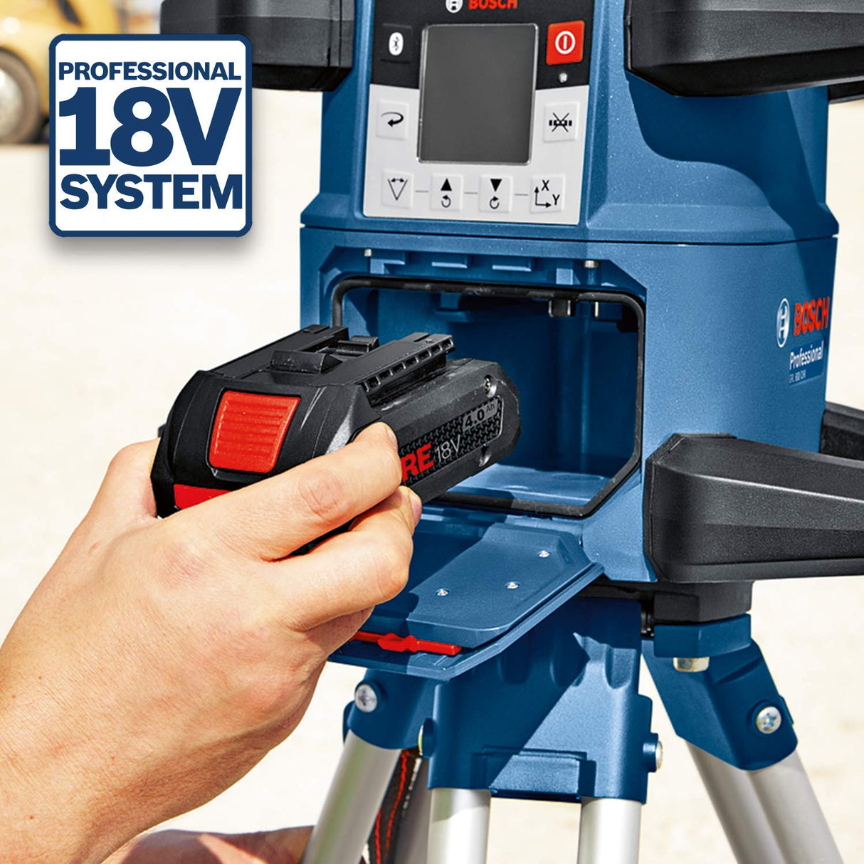 Bosch Professional Sistema 18V Nivel Láser Giratorio GRL 600 CHV (1 Batería 18V x 4.0 Ah + Cargador, Función Aplicación, Alcance Diámetro: hasta 600m, en Maletín), Color Azul
