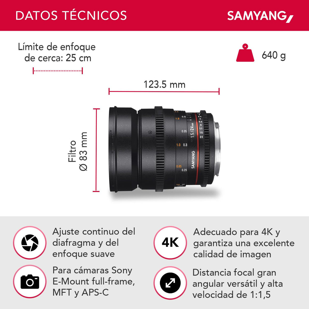 Samyang F1312806101 - Objetivo para vídeo VDSLR para Sony E (Distancia Focal Fija 24mm, Apertura T1.5-22 ED AS IF UMC II, diámetro Filtro: 77mm), Negro