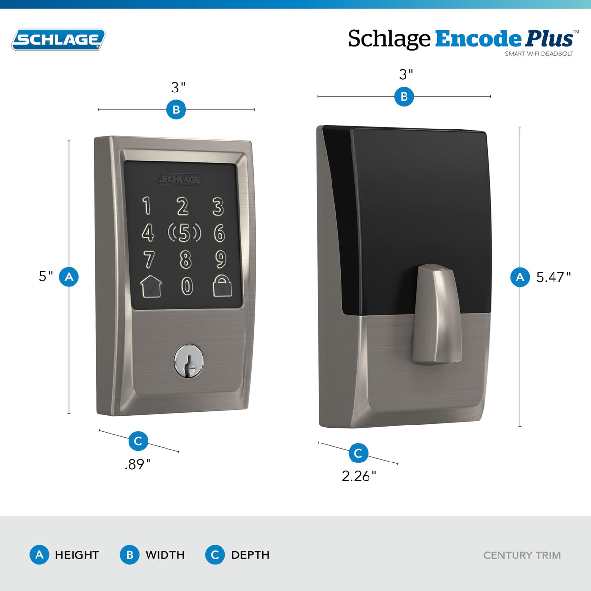 Schlage BE499WB CEN 619 Encode Plus WiFi Deadbolt Smart Lock, Keyless Entry Touchscreen Door Lock with Century Trim, Satin Nickel
