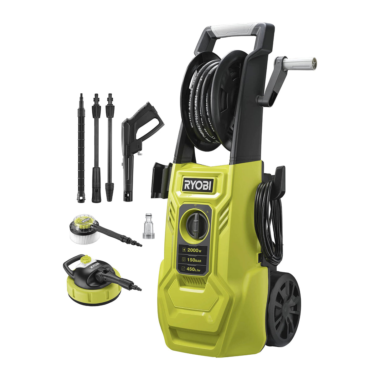 RYOBI - Hidrolimpiadora de Alta Presión 2000W, 150 Bares, 450l/h - Manguera 8m, Carrete, 2 Lanzas (1Vario, 1Turbo), Depósito Detergente 0,9l, Limpiador Suelos 25cm, Cepillo Multisuperficie - RY150PWA