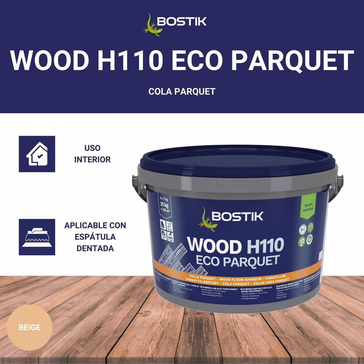 BOSTIK WOOD H110 ECO PARQUET Beige Adhesivo Híbrido para Todo Tipo de Parquets, Secado Rápido, Apertura al Tráfico en 24 h, Apto para Suelos Radiantes, Interior, Bote 21 kg (3 uds de 7 kg)