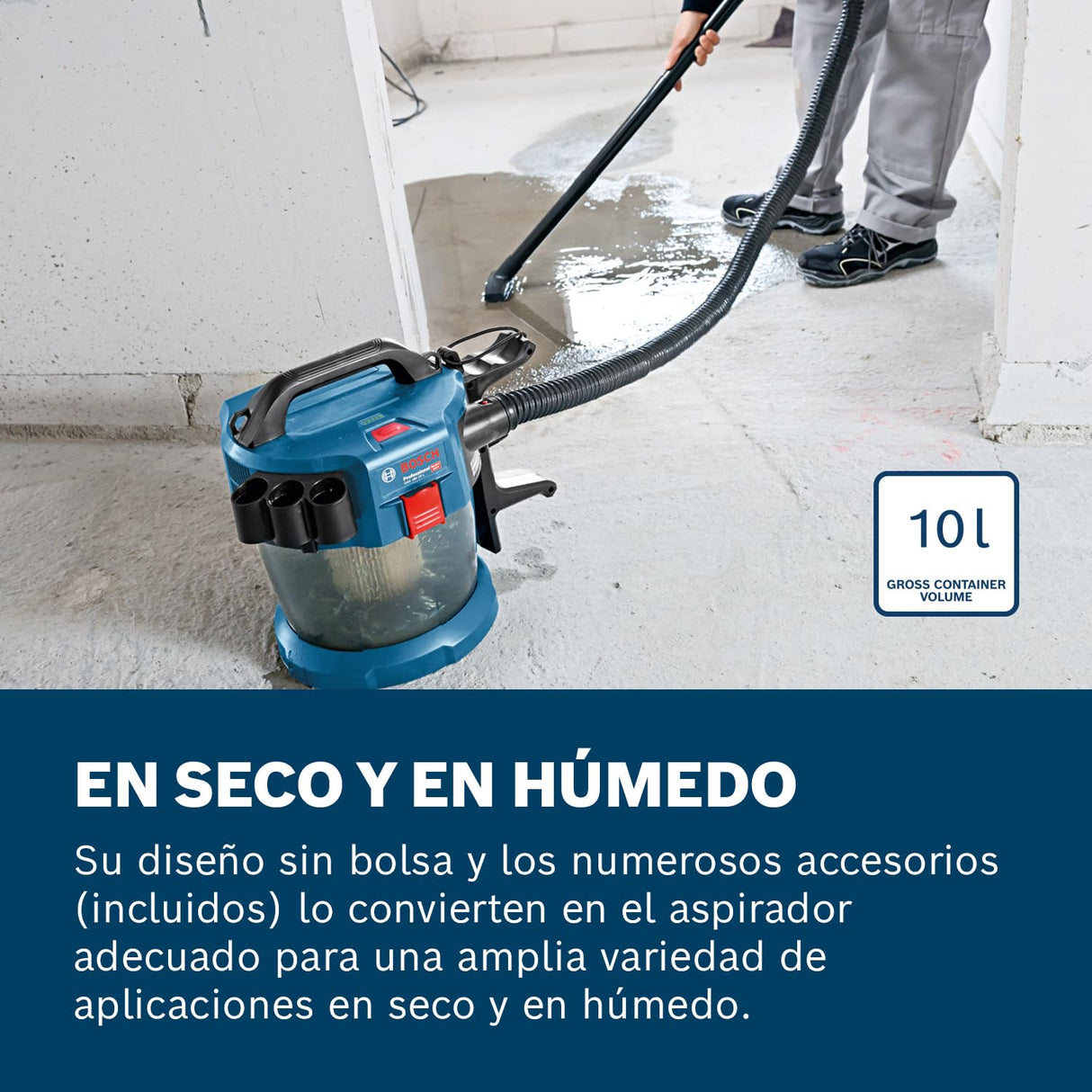 Bosch Professional 18V System GAS 18V-10 L - Aspirador a batería (depósito 10 l, 90 mbar, ruedas, sin batería)