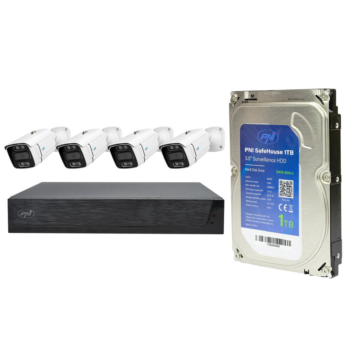 PNI House IPMAX PoE 3 Kit de videovigilancia, NVR con 4 Puertos PoE con 4 cámaras IP de 3 MP, Exterior y Disco Duro PNI SafeHouse de 1 TB Incluido