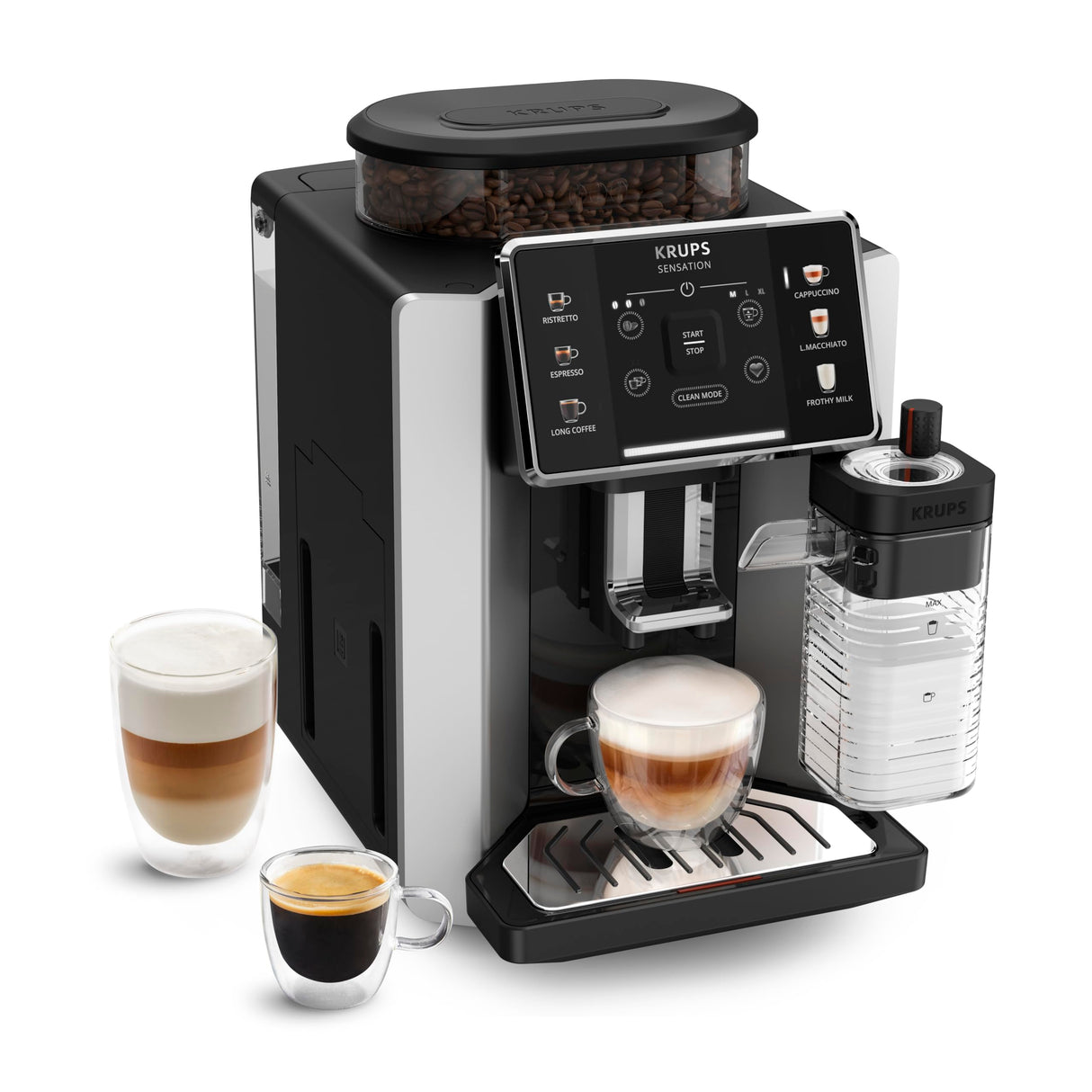 Krups Sensation Milk, Cafetera Automática, 6 Bebidas a Base de Café y Café con Leche, Tecnología Milk Maestro, Jarra de leche integrada, Fácil de Usar, Plateado, EA912E10