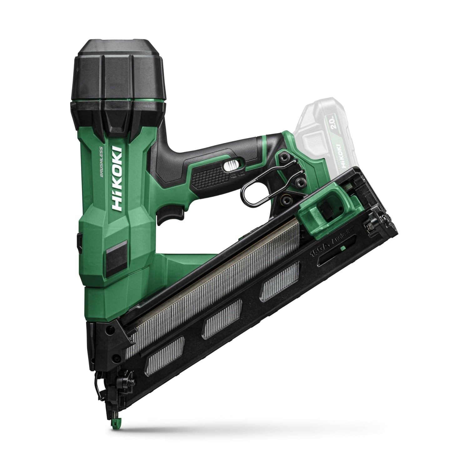 HiKOKI Clavo con batería de 34° - 18 V, 32 – 65 mm, calibre 15, compacto, ligero, potente, luz LED, motor sin escobillas, accionamiento por resorte neumático, incluye maletín