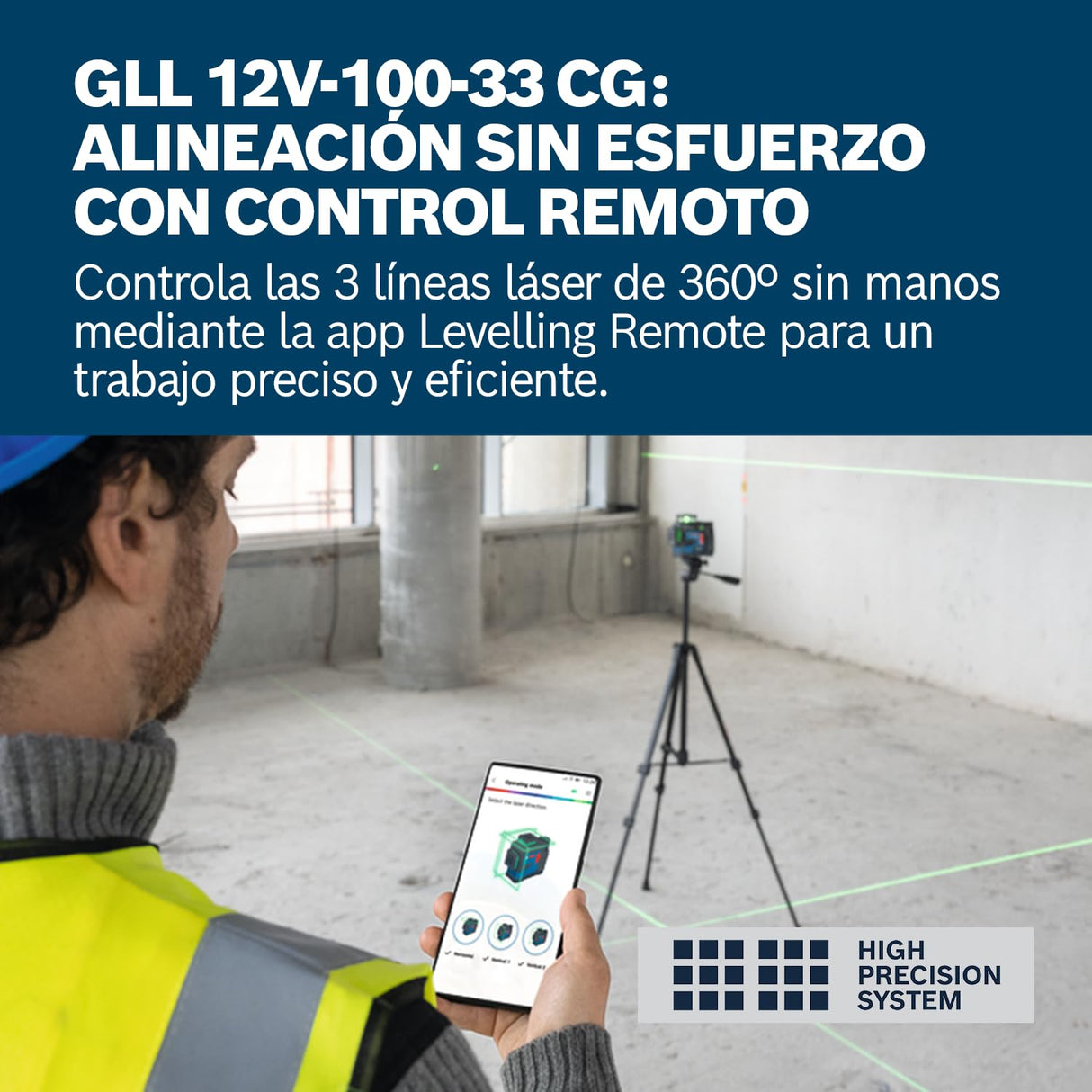 Nivel láser GLL 12V-100-33 CG de Bosch Professional (tres láseres verdes de 360°, 100 m de alcance (radio) con receptor, Levelling Remote, IP 65, LB 10, 4 x 1,5 V LR6 (AA), adaptador AA1, funda)