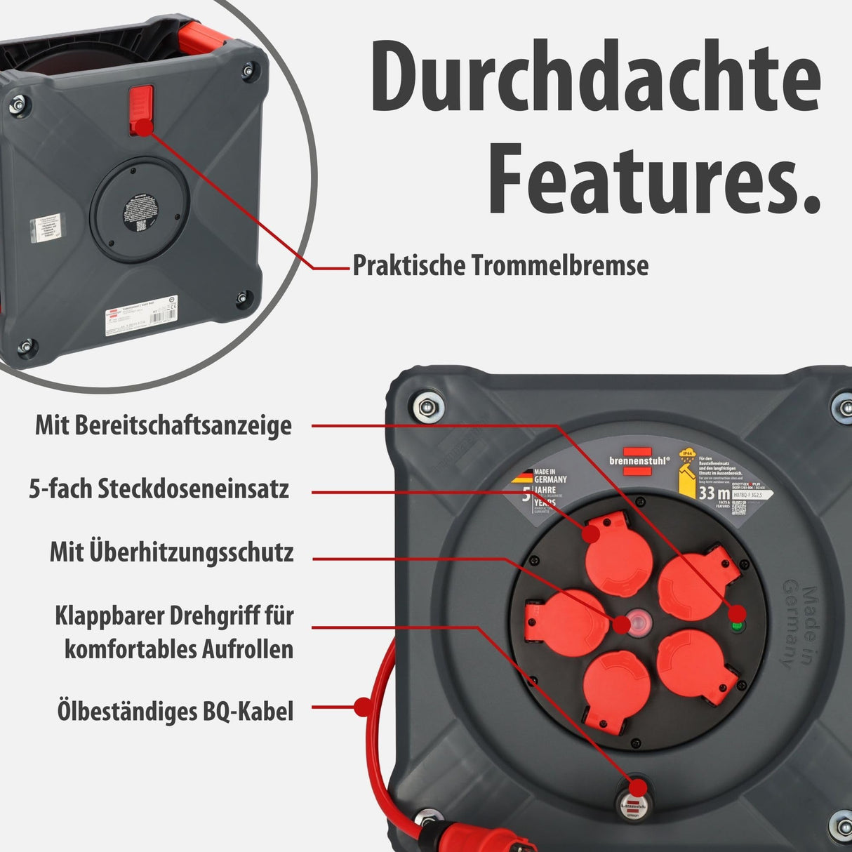 Brennenstuhl Profesional KA 3210 5 IP44 Carrete de cable para instalaciones de construcción (cable H07BQ-F 3G2,5 de 33 m en rojo, 5 enchufes, uso en obra y exterior permanente, fabricado en Alemania)
