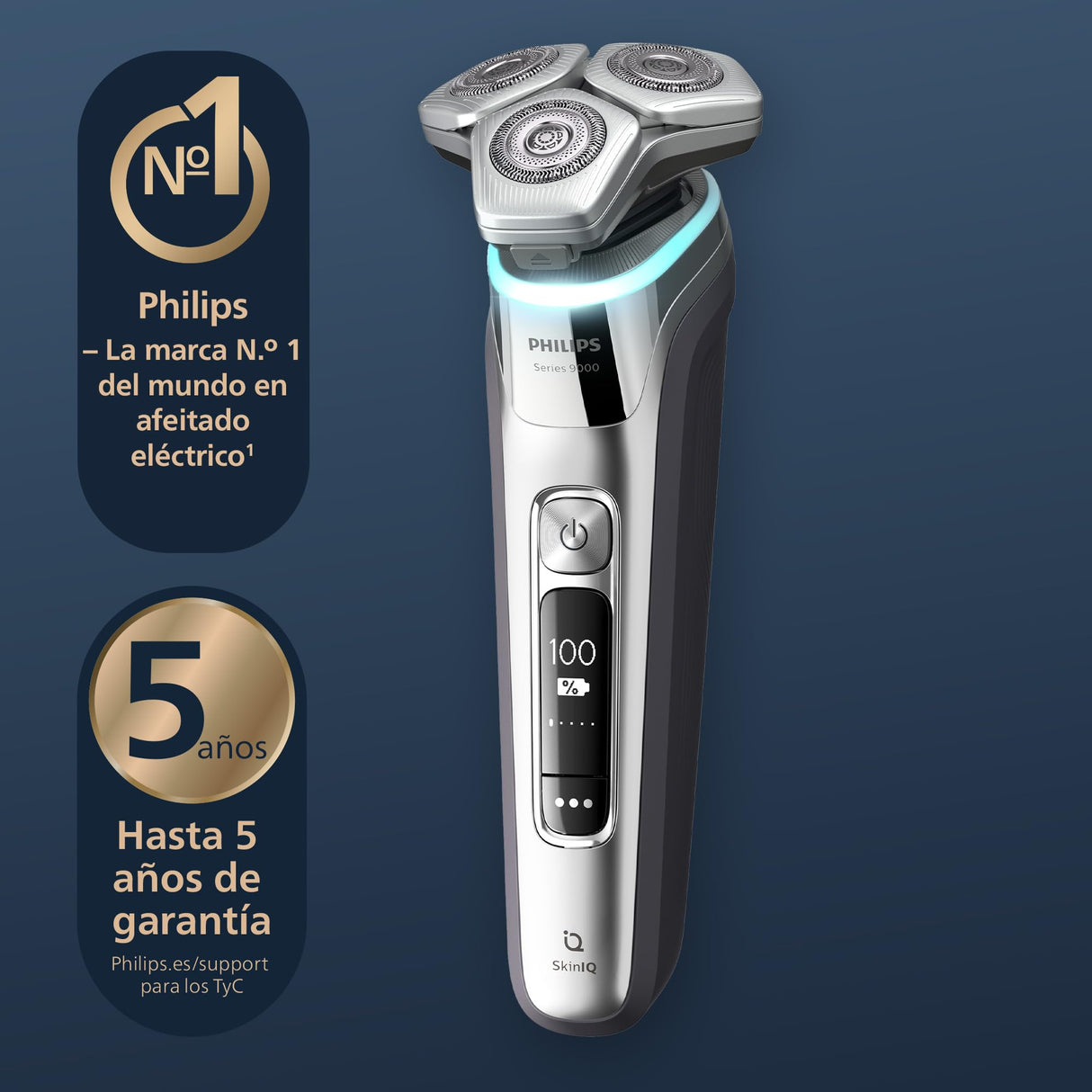 Philips S9000, Afeitadora Eléctrica Hombre, Máquina de Afeitar Barba en Seco y Mojado con Tecnología SkinIQ, Cortapatillas Desplegable, Centro de Limpieza, Soporte de Carga, Estuche de Viaje, S9975/54