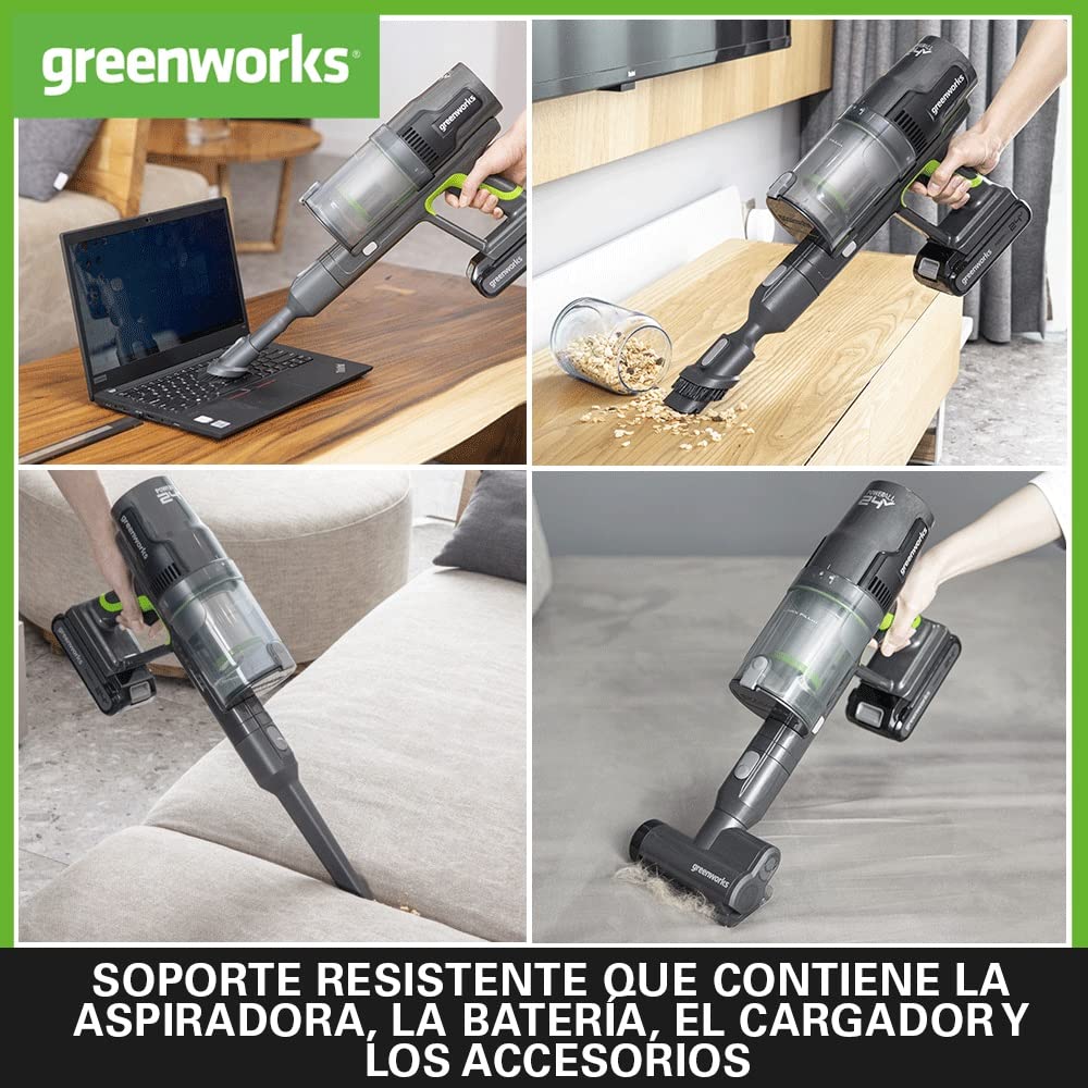 Greenworks GD24SV Aspiradora sin Cable, Gran Poder de Succión, 45 min de Operación, Filtro HEPA, Herramienta para el Pelo de Mascotas, 3 Niveles de Energía SIN Batería ni Cargador, Garantía de 3 Años
