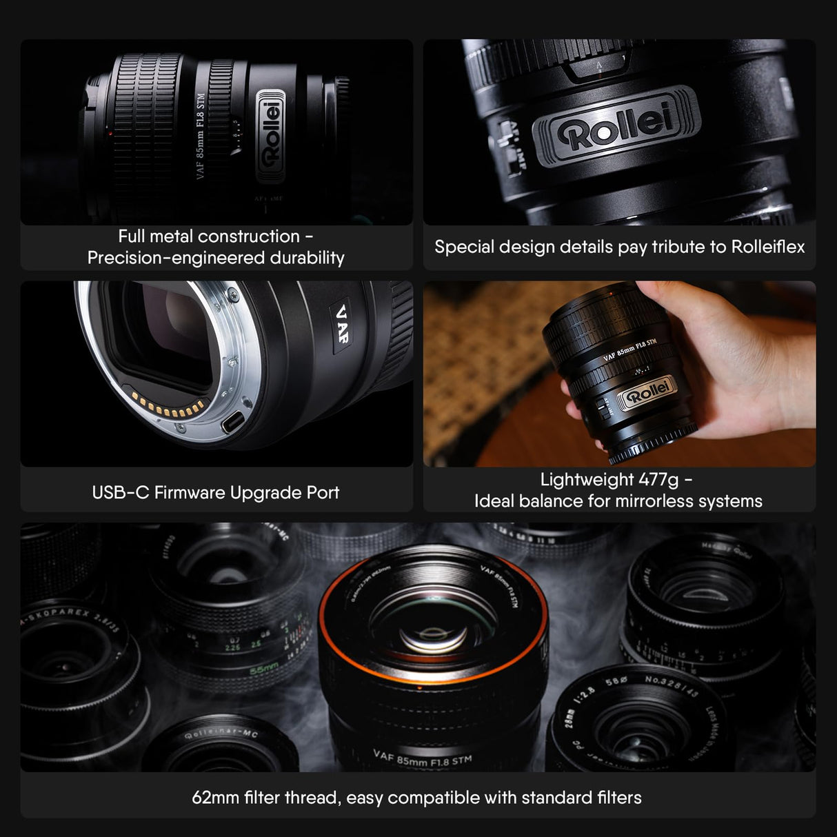 Rollei AF 85 mm F/1.8 Objetivo Fotograma Completo para Sony FE con Autofoco STM | Cuerpo de Metal 477g Compatible con APS-C FX30/ZV-E10/A6000–A6700/A5000/A5100 y Full Frame ZV-E1/FX3/A1/A9/A7 Series