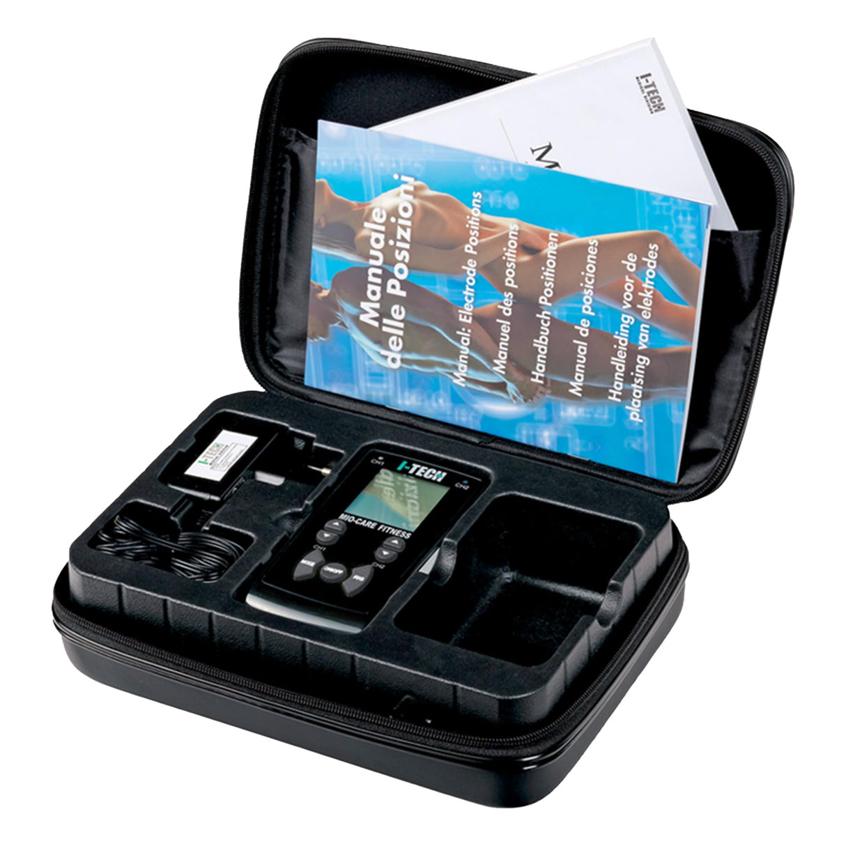 I-Tech Mio-Care Fitness, Electroestimulador 2 Canales Independientes, 8 Electrodos, Display Retroiluminado, Max 100 mAh por Canal, 55 Programas: 20 Médico, 15 Belleza, 20 Fitness, 500 Aplicaciones