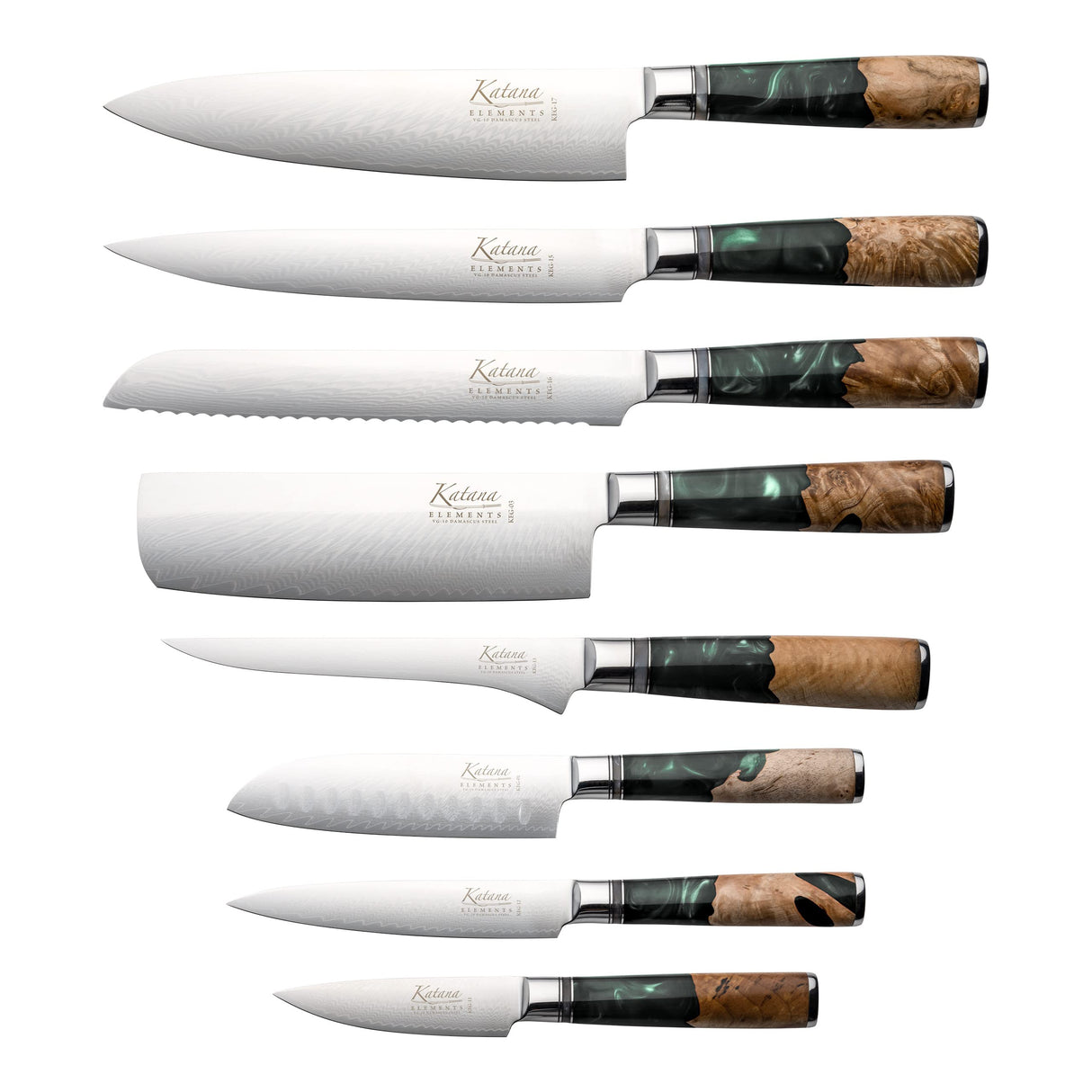 Juego de 9 piezas de cuchillos de cocina Katana Saya, verde lluvia, acero de Damasco VG-10 con mango de madera de olivo y resina (KEG-900/9B)