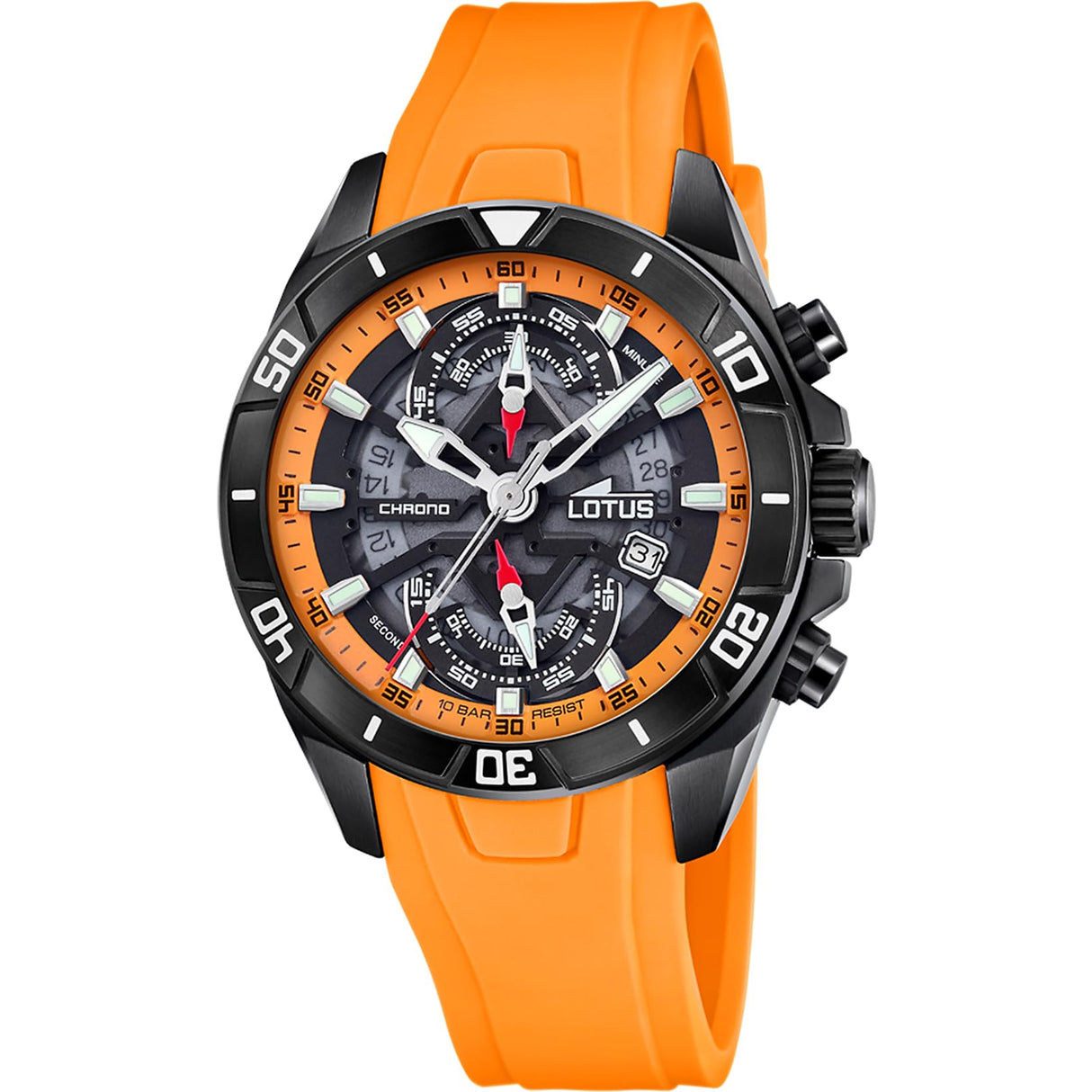 Lotus Reloj Hombre 18945/3 Vortex Caja de Acero Inoxidable 316l Negro Correa de Caucho Naranja