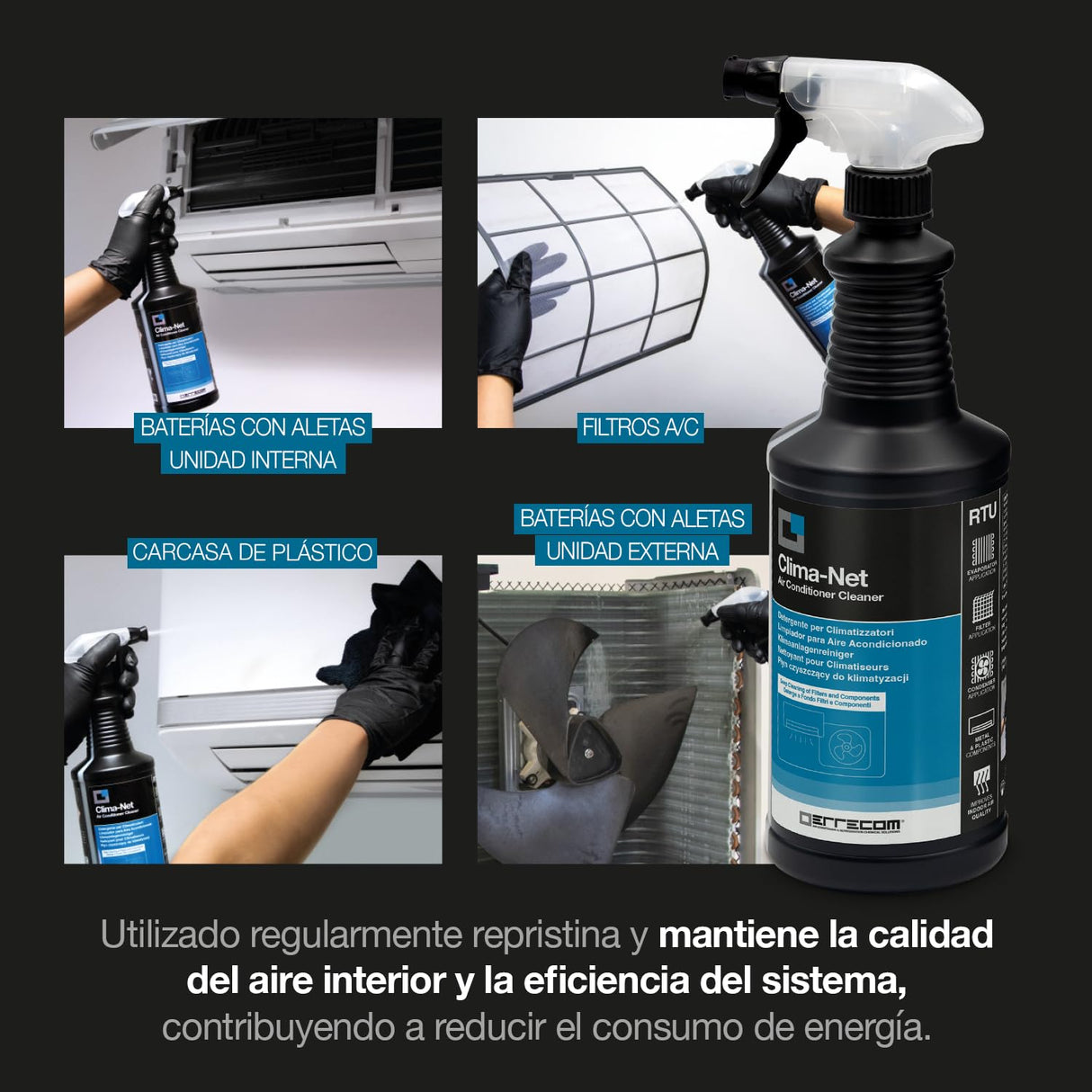 ERRECOM Kit Limpieza Completa Aire Acondicionado: JET GUN PRO+ Hidrolimpiadora Portátil, Clima-Net 1L Limpiador Unidad Interna/Externa, A/C Tabs Pastillas, Cover Protección Paredes Wally, Guantes
