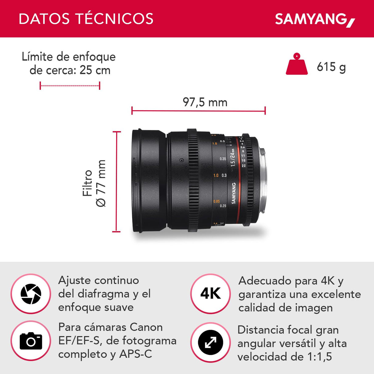 Samyang F1312801101 - Objetivo para vídeo VDSLR para Canon EF (Distancia Focal Fija 24mm, Apertura T1.5-22 ED AS IF UMC II, diámetro Filtro: 77mm), Negro