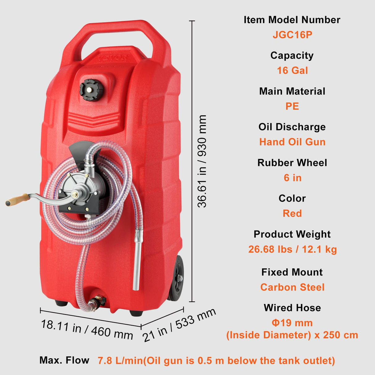 VEVOR Tanque de Combustible Portátil con Ruedas 16 Gal 60L Bidón de Gasolina 7,8L/min con Bomba Manual, Transferencia de Combustible para Gasolina, Diesel, Aceite, Máquina, Cortacésped, Coche, Tractor