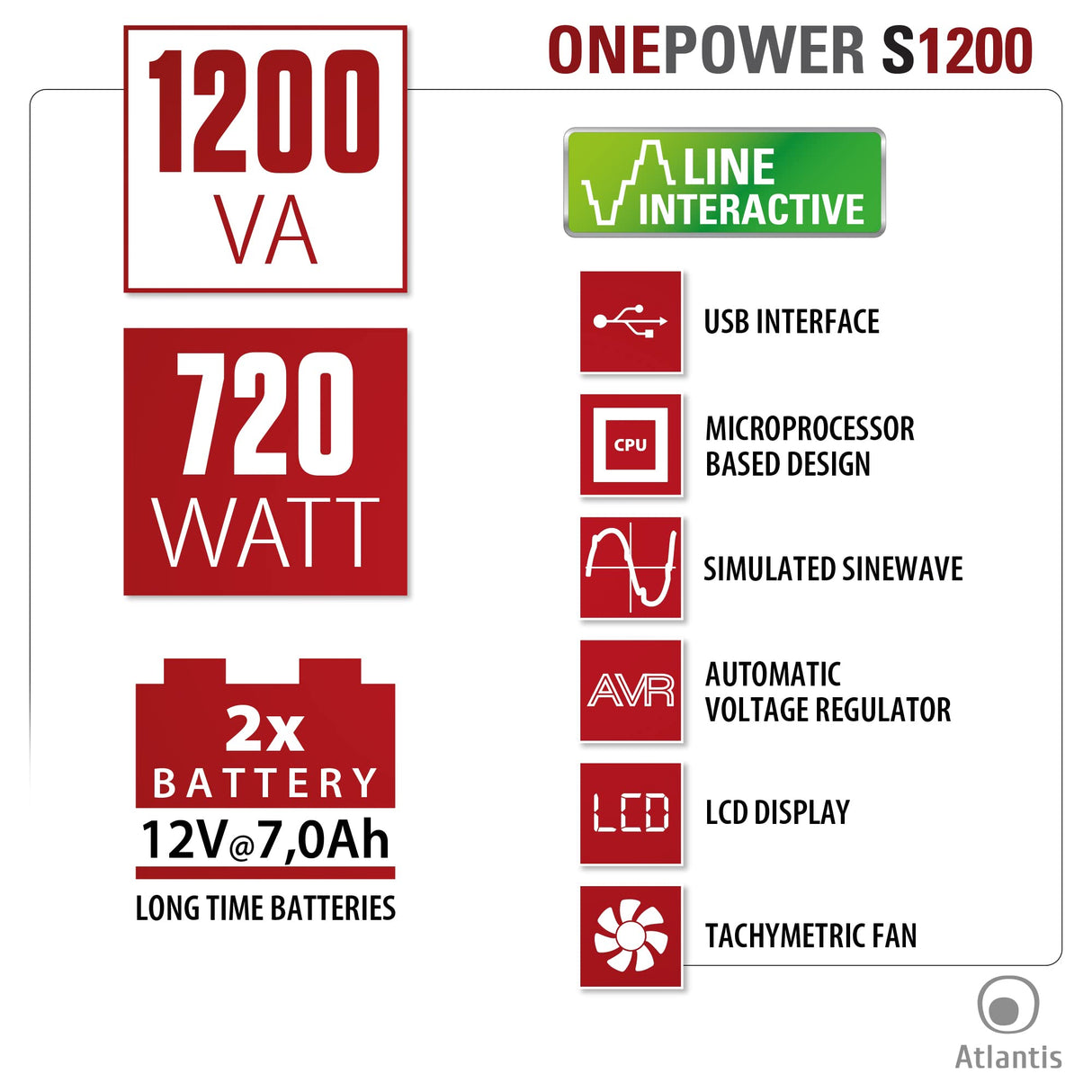 Atlantis OnePower 1200, UPS Line Interactive 1200VA/700W, AVR, Onda Pseudosinusoidal, 3 Tomas IEC+2 enchufes Schuko, 2 Pilas 12 V 7Ah