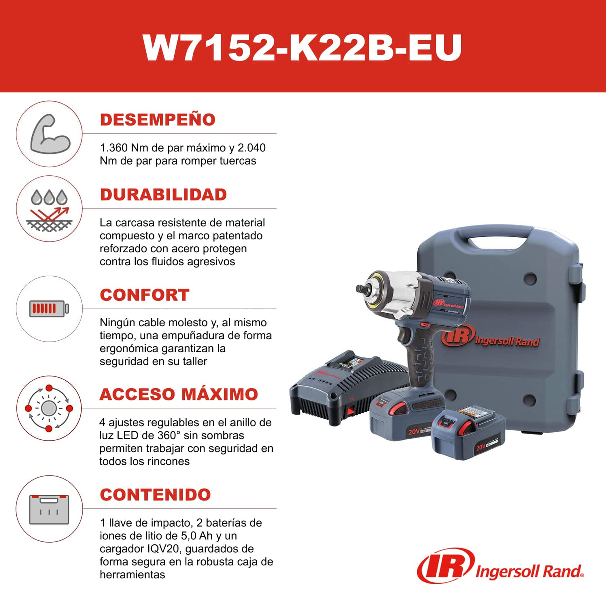 Ingersoll-Rand Llave Impacto W7152-K22-EU, 1/2'', 2040 Nm Torsión, 20V Batería, Sistema IQV Power Control, Con Kit Completo