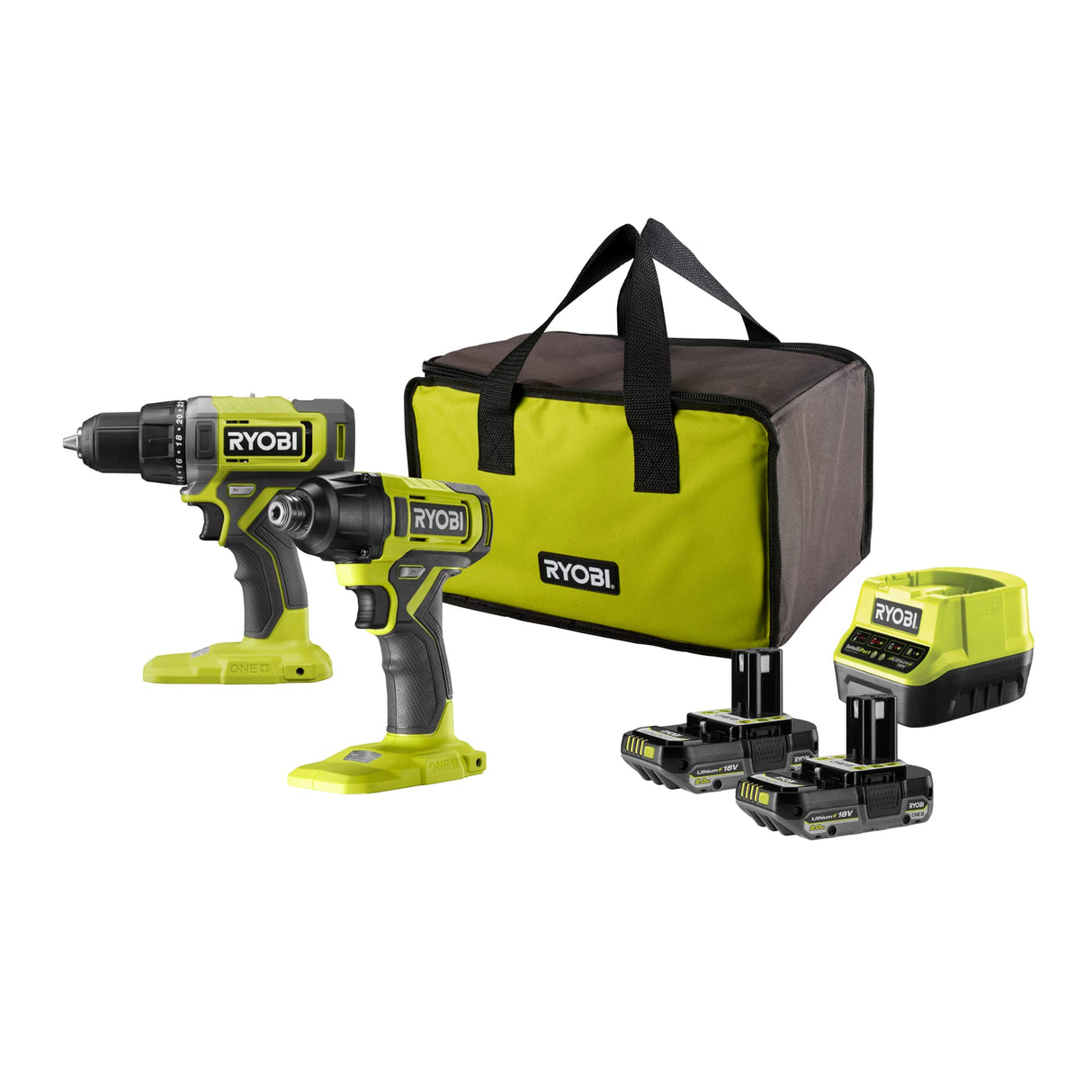 Ryobi RCK182G-220S Duo 18V One+ Taladro + Destornillador de impacto Incluye 2 baterías de 2Ah y su cargador, en una bolsa de transporte