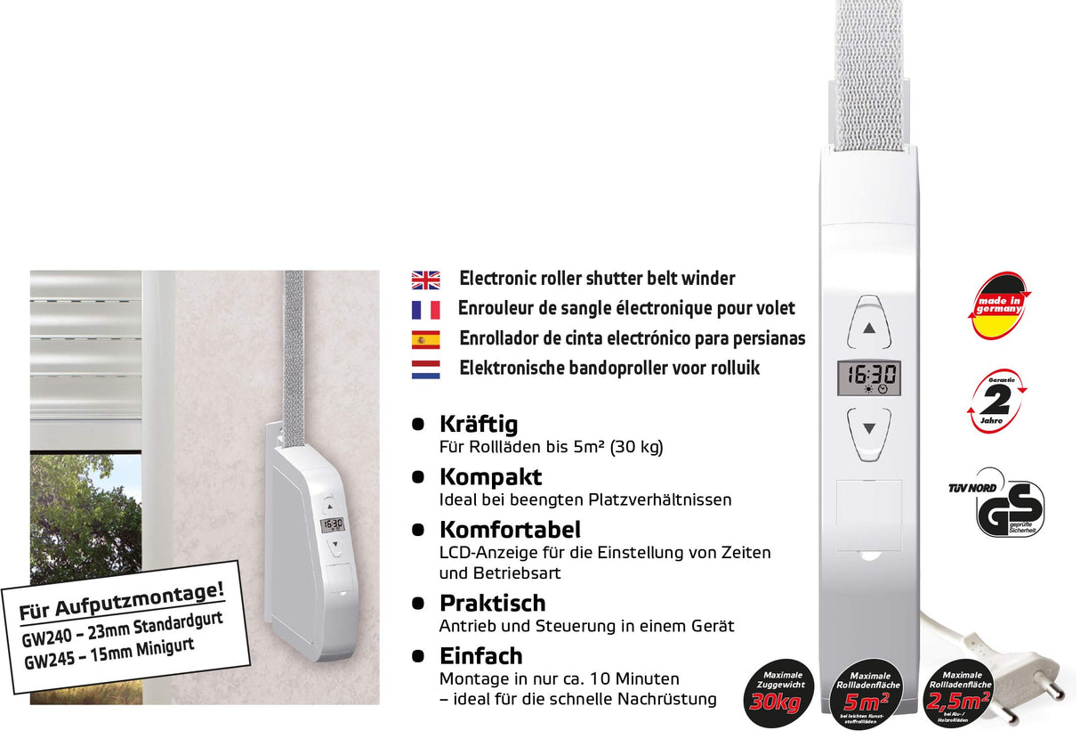 Superrollo Professional SR10245 GW245 Enrollador eléctrico, 15 mm, fuerza de tracción máx. 30 kg, para cinta de 15 mm