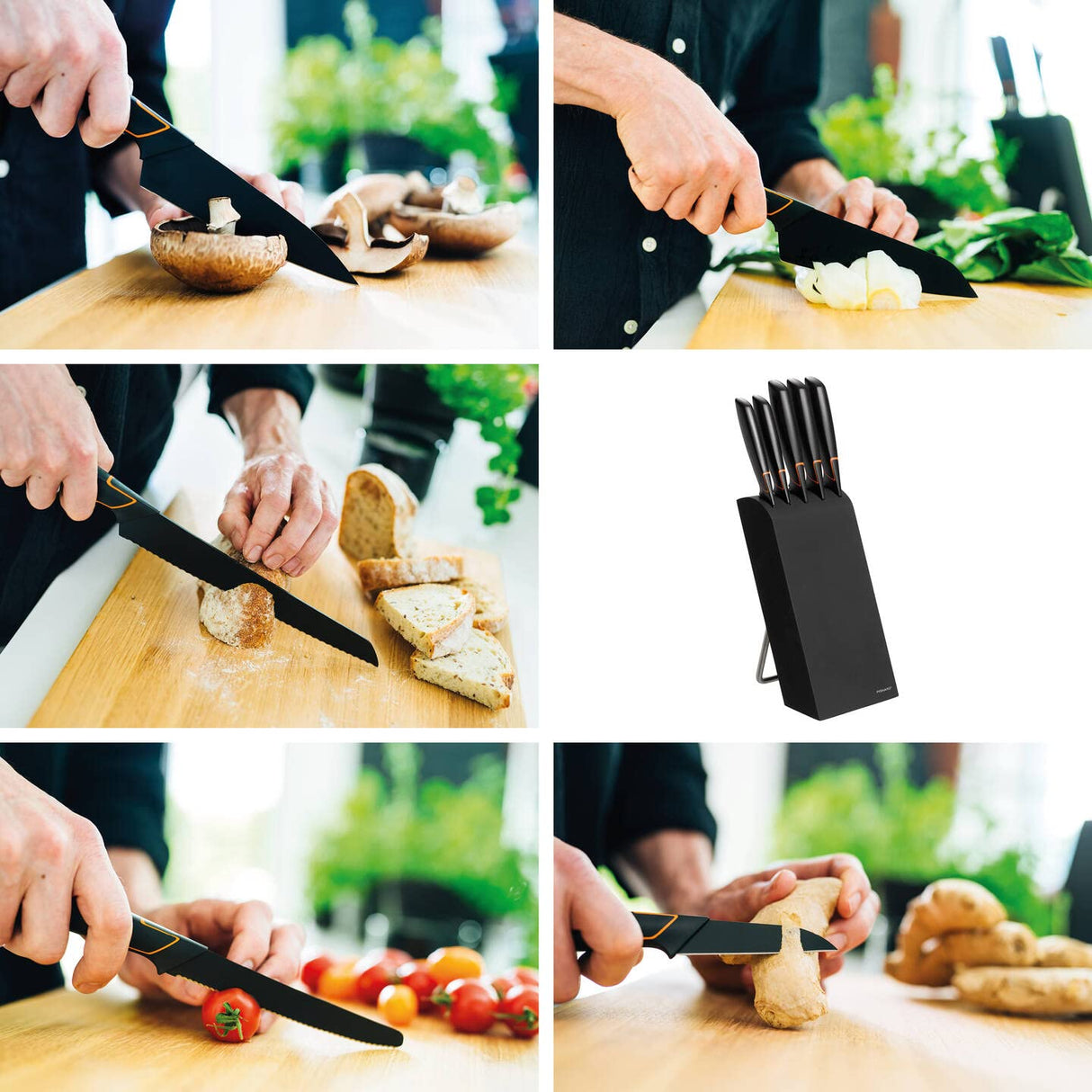 Fiskars Bloque de cuchillos con 5 cuchillos, Ancho: 15,5 cm, Alto: 37 cm, Madera de abedul, Negro, Edge, 1003099