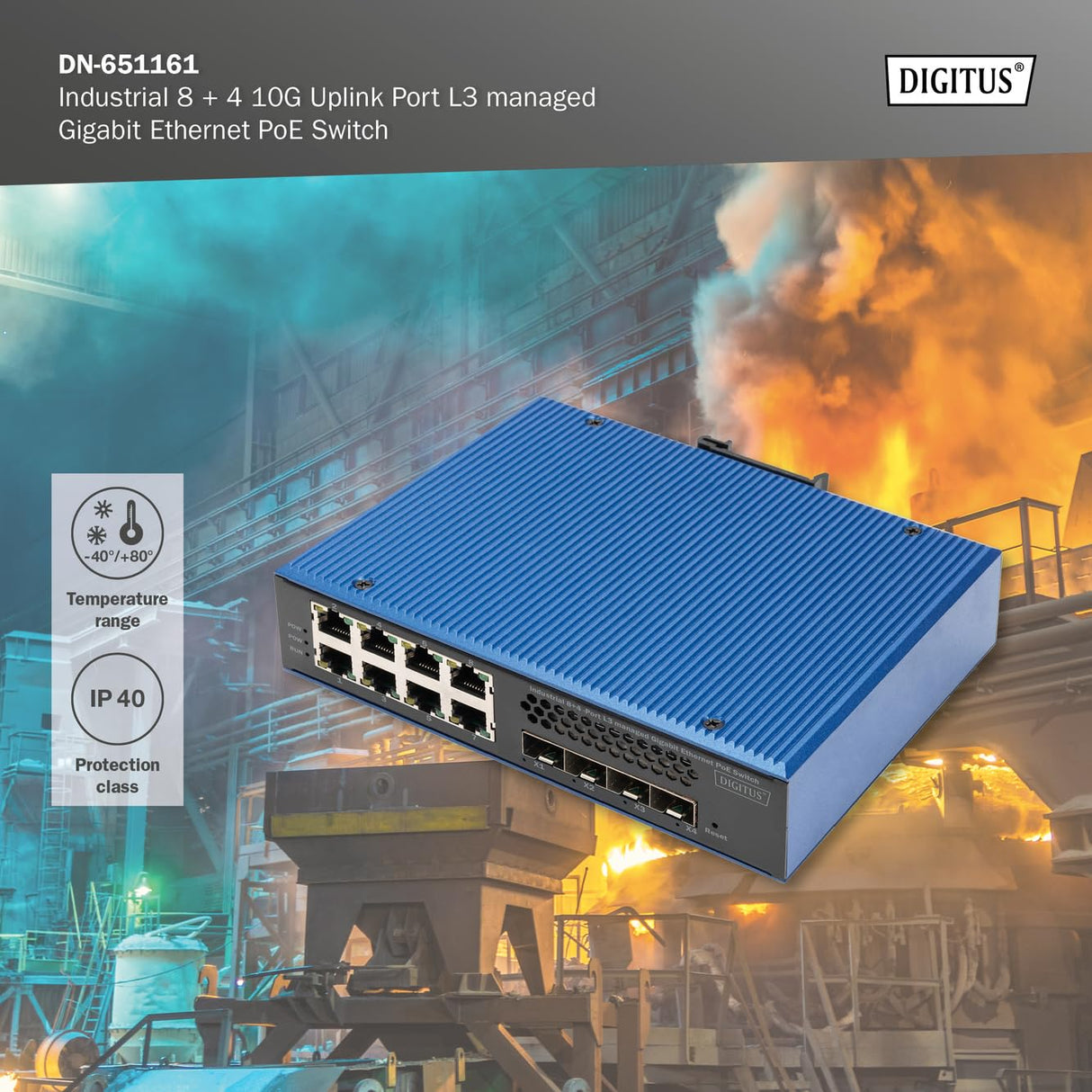 DIGITUS Conmutador de Red PoE - 12 Puertos Gigabit Ethernet - 8X RJ45 + 4X SFP+ 10 Gigabit - IP40 - L3 gestionado, VLAN - 10/100/1000 Mbit/s - Montaje en Carril DIN - Serie Industrial - Negro/Azul