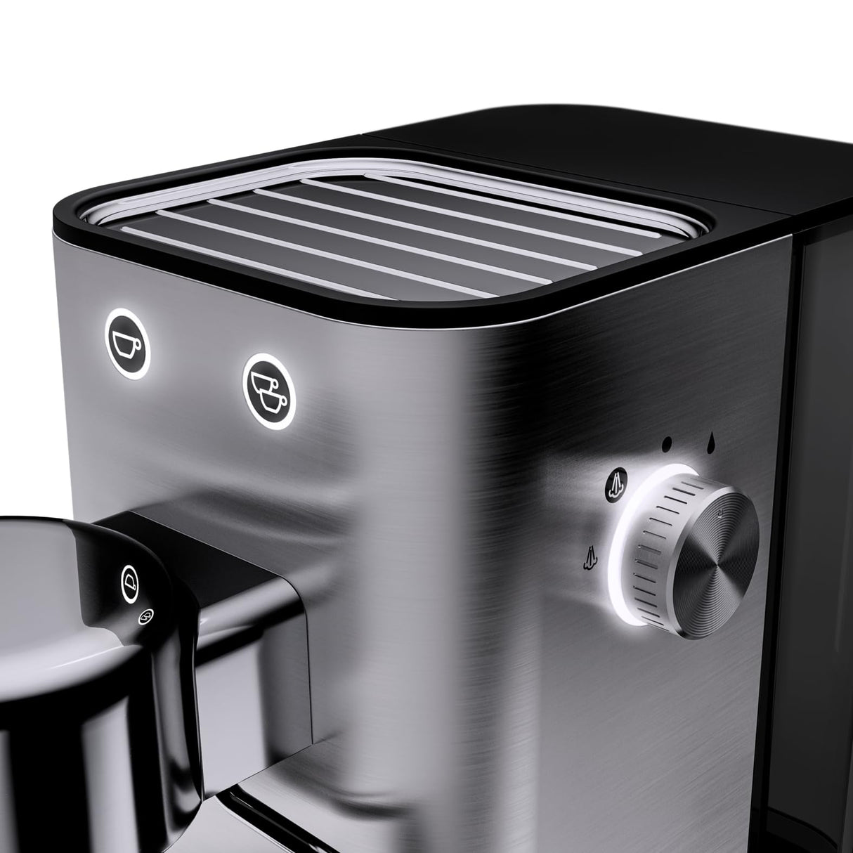 WMF Lono - Cafetera expreso con 2 portafiltros, 1350 W, para 1-2 tazas de espresso, 15 bares, reposavasos, espumador de leche, cuchara prensadora de café, acero inoxidable mate