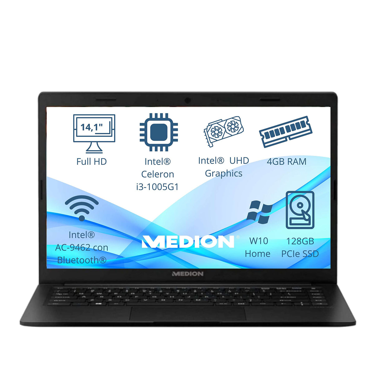 Medion Ordenador Portátil 14 Pulgadas i3 1005G1 Intel, SSD 128GB, RAM 4GB, Windows 10, Akoya MD62157