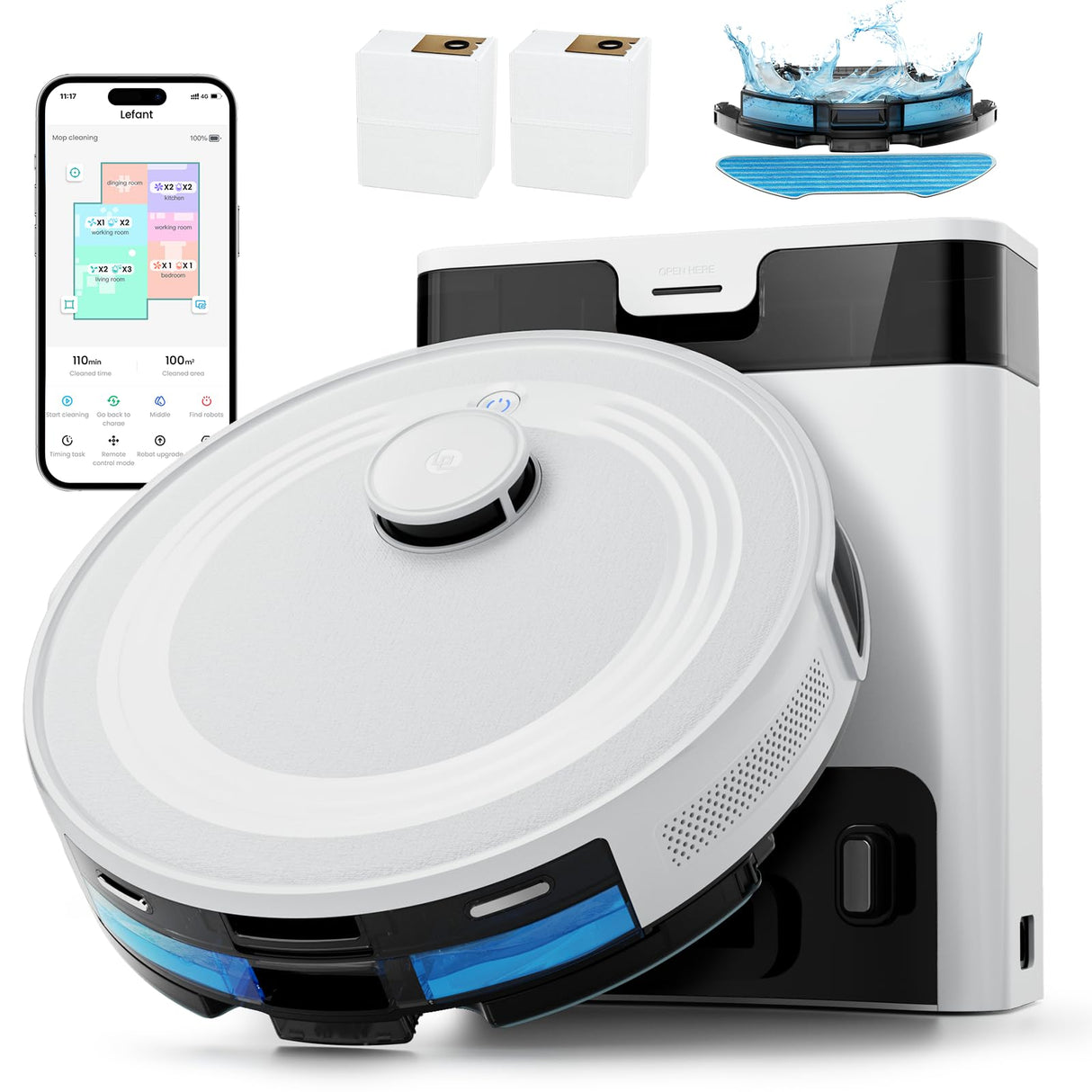 LEFANT Robot Aspirador y Fregasuelos M2 Pro, 6000Pa Succión, 140min Autonomía, Autovaciado 60 Días, Navegación dToF, Obstáculos 190° PSD, Mapeo Multinivel, Mascotas