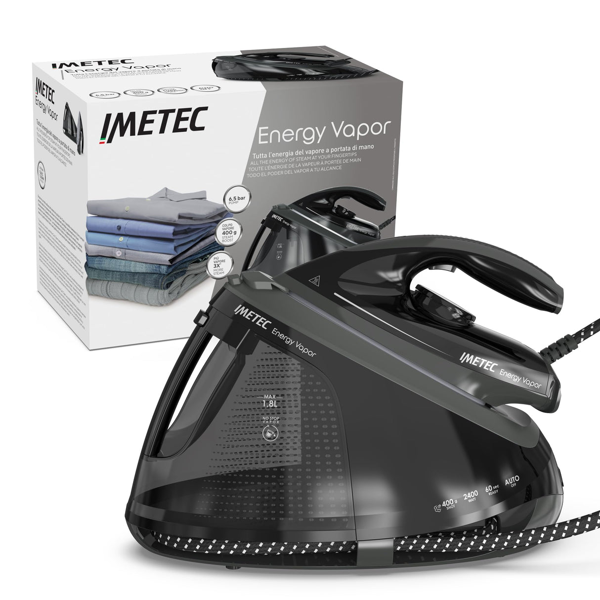 Imetec Energy Vapor Plancha con Generador de Vapor, Bomba de 6,5 BAR, 400 g de Vapor, 2400 W, Suela Fluid Ceramic, Bloqueo de la Plancha, Apagado Automático, Dispositivo de Limpieza, Tecnología ECO