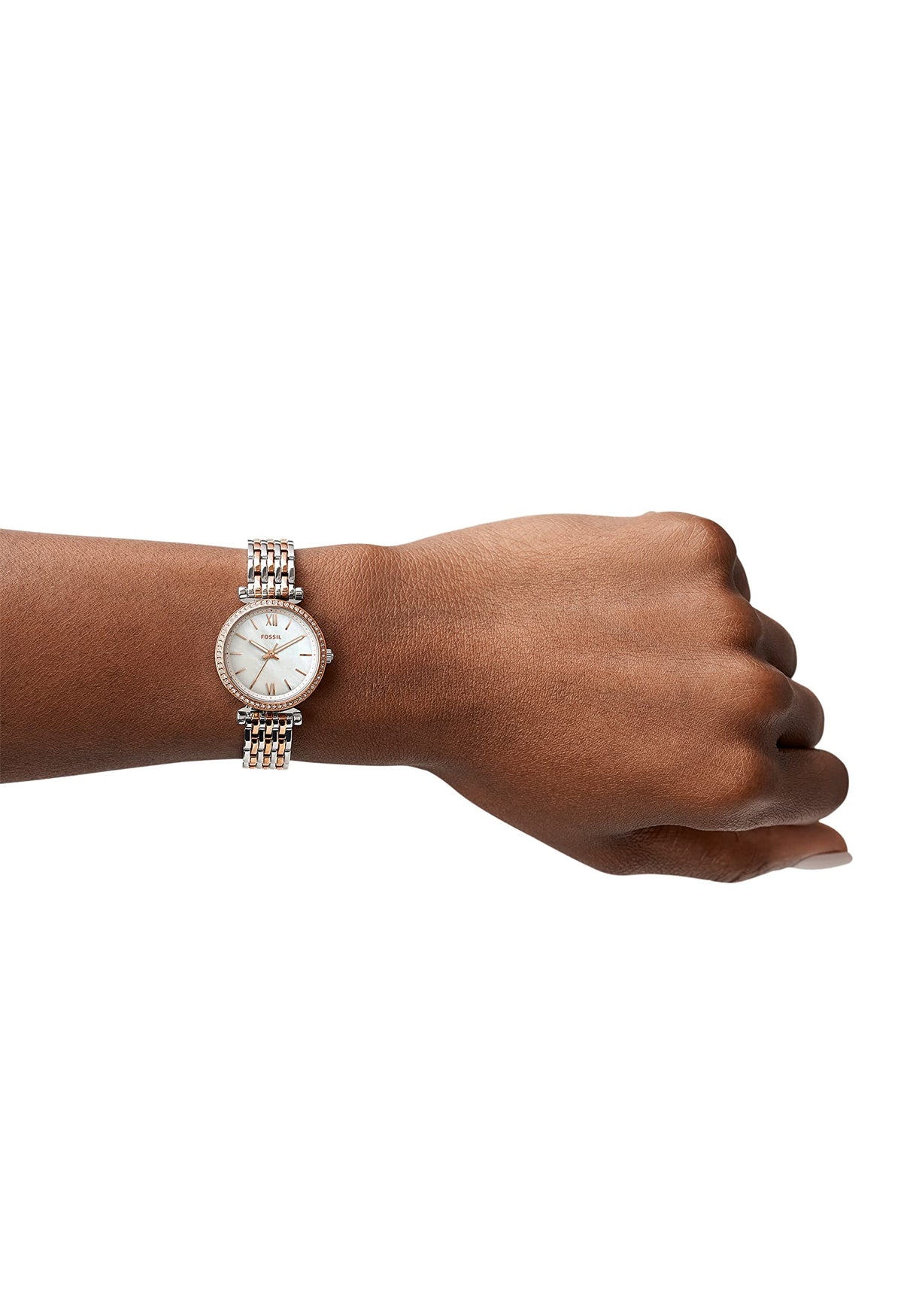 Fossil Carlie Reloj para mujer, movimiento de cuarzo con correa de acero o piel, Tono plateado y tono oro rosa, 28MM