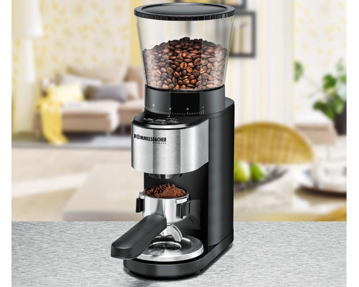 ROMMELSBACHER Molinillo de café EKM 500, mecanismo cónico, báscula de precisión, soporte para filtro, grado de molienda en 39 niveles, 5 teclas de función para uso individual y flexible