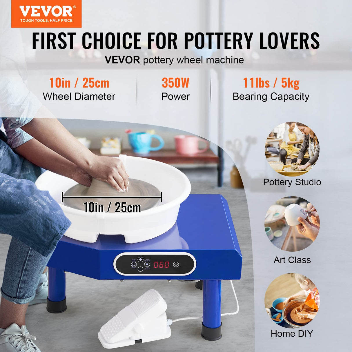 VEVOR Máquina de Rueda de Cerámica Eléctrica Diámetro de 25 cm Torno de Alfarero Eléctrico 350 W Máquina de Arcilla de Cerámica 0-300 rpm Carga Máxima de 8 kg con Pedal para Modelar Artesanía Cerámica