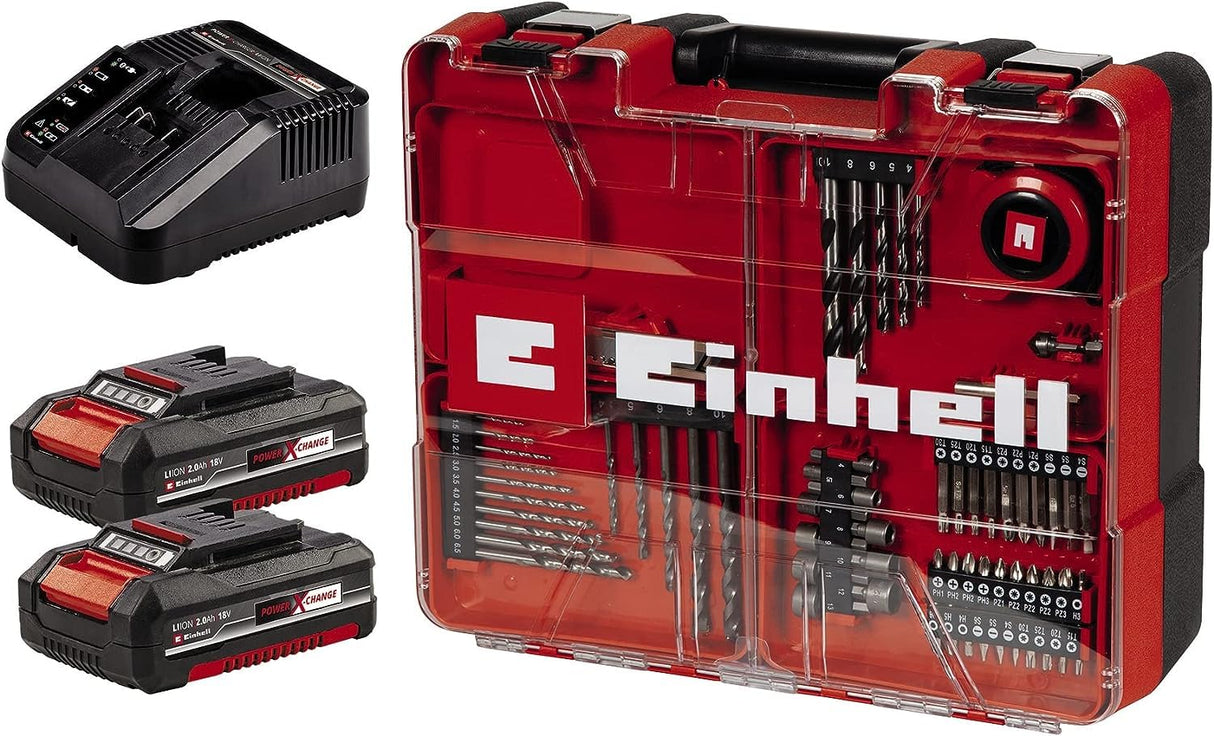 Taladro percutor con batería TE-CD 18/2 Li-i +64 PXC de Einhell (18 V, 44 Nm, engranaje de 2 veloc., incl. 2 baterías 2,0 Ah, cargador rápido, maletín y set de acces. de 64 piezas)